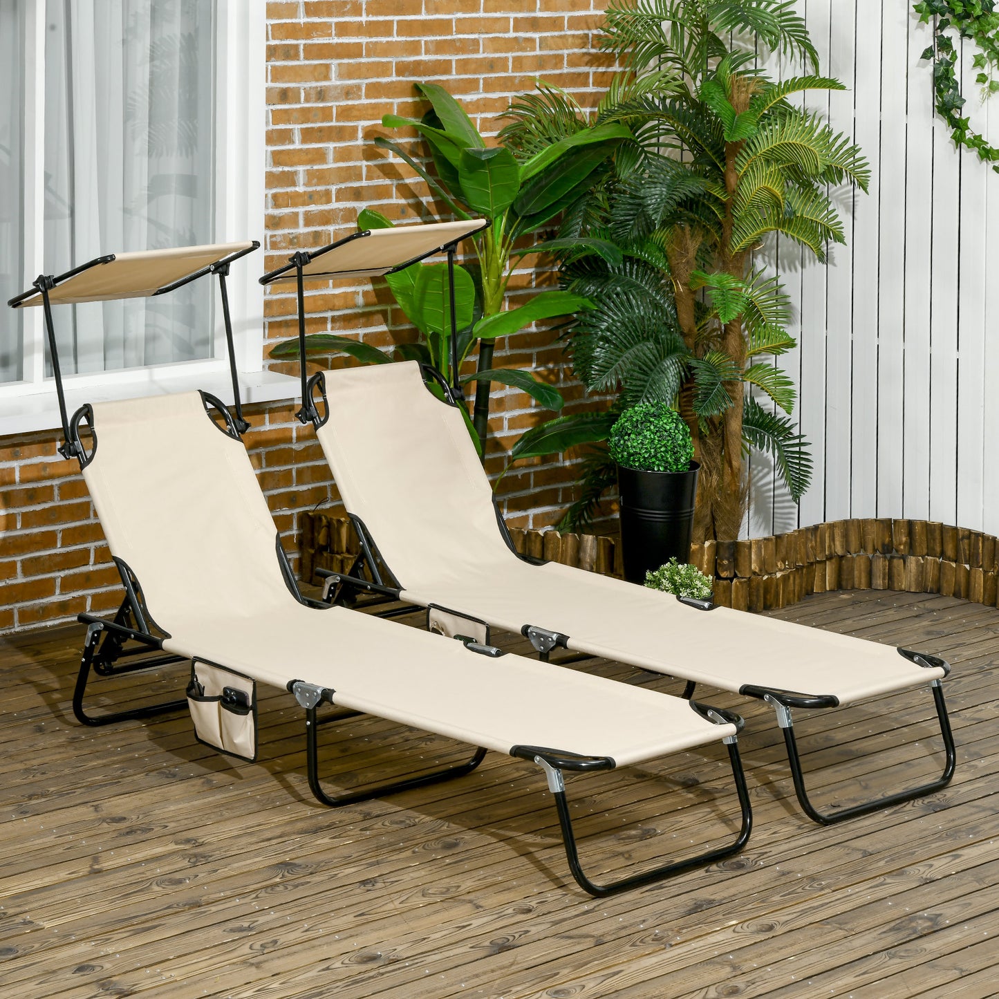 Outsunny 2 Piece Folding Sun Loungers, Adjustable Recliner Garden Chairs with Canopy, Steel Frame, Tan Brown
