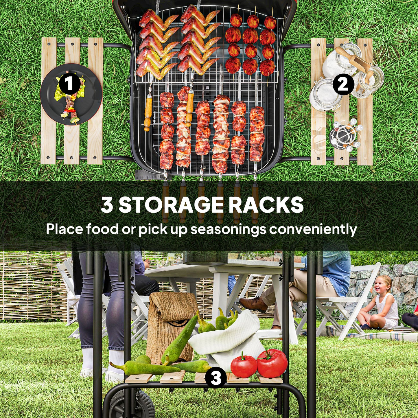 Outsunny Portable Charcoal BBQ Grill, 1840 cm² Cooking Area, 3 Shelves, Adjustable Vent, Lockable Lid, Wheels, Outdoor, Red