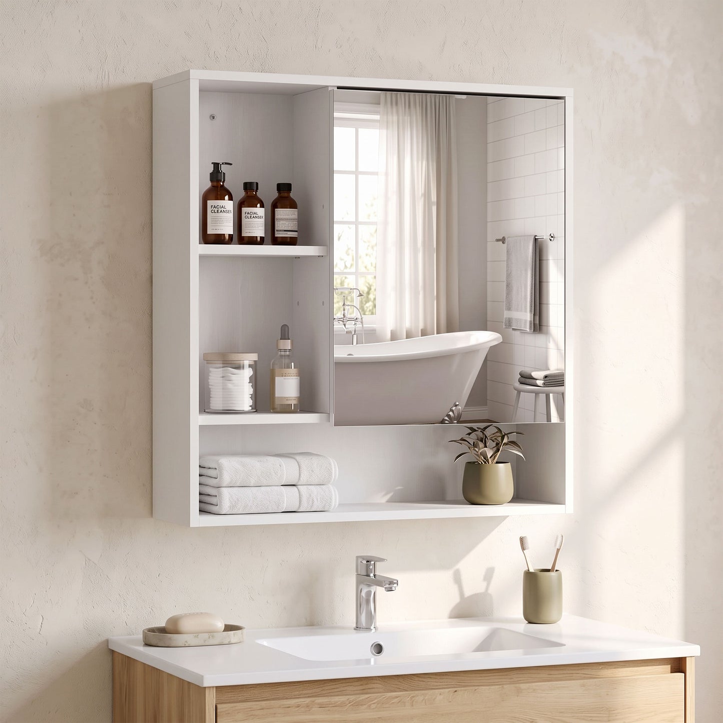 HOMCOM Bathroom Mirror Cabinet, Wall-Mounted Bathroom Cabinet with Mirror Door, Adjustable Shelves, White