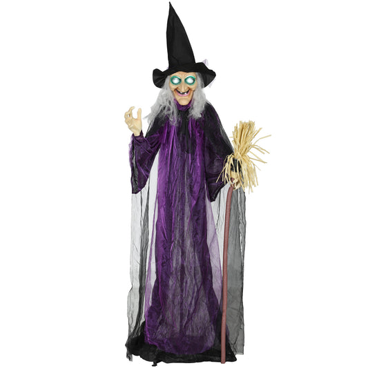 Outsunny 183cm Life Size Halloween Animated Witch & Broomstick with Glowing LED Eyes, Battery Operated Indoor Party Props, Spooky Halloween Decor