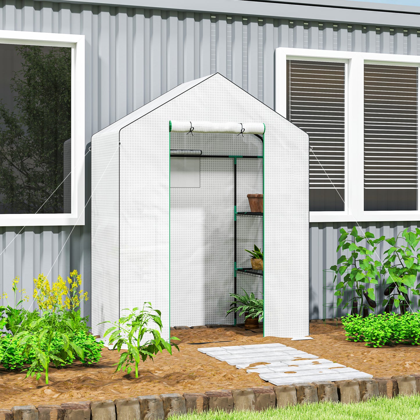 Outsunny Walk-in Greenhouse with 3 Tiers & 4 Shelves, Reinforced PE Cover, Roll-up Door, 143x74x190cm, White