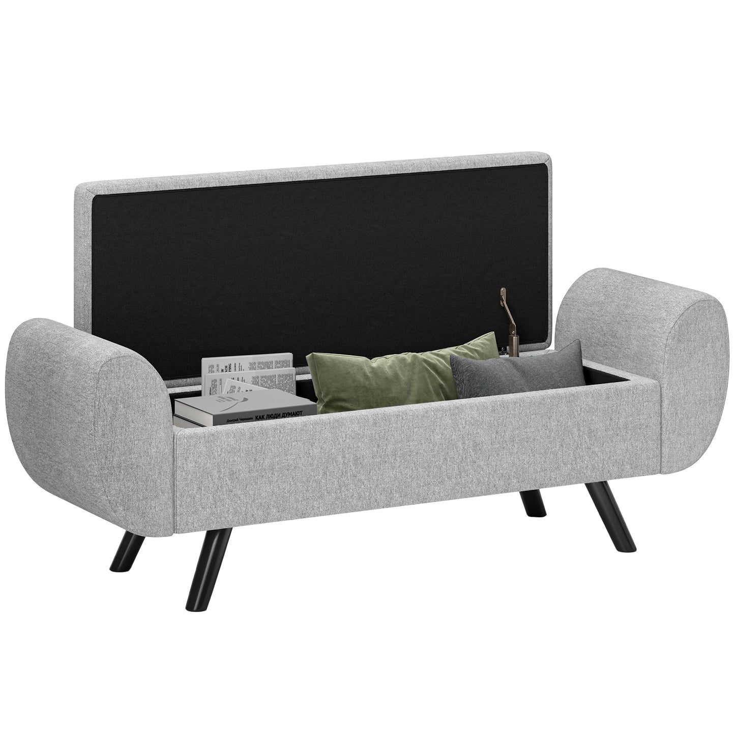 HOMCOM Storage Ottoman, Upholstered Linen Bench with Armrest, Rubberwood Legs, Footstool for Bedroom, Living Room, Hallway, Dark Grey