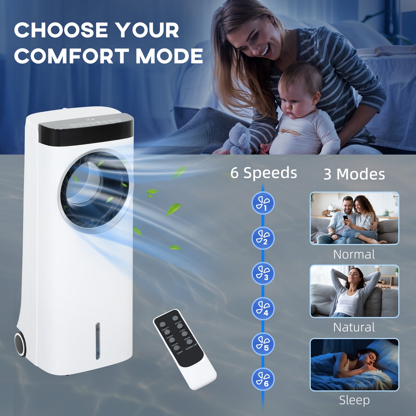 HOMCOM Evaporative Air Cooler, 6.5L 4-in-1 Bladeless Portable Cooler, Fan, Humidifier, Air Cleaner, with Remote & Wheels for Home Office, White