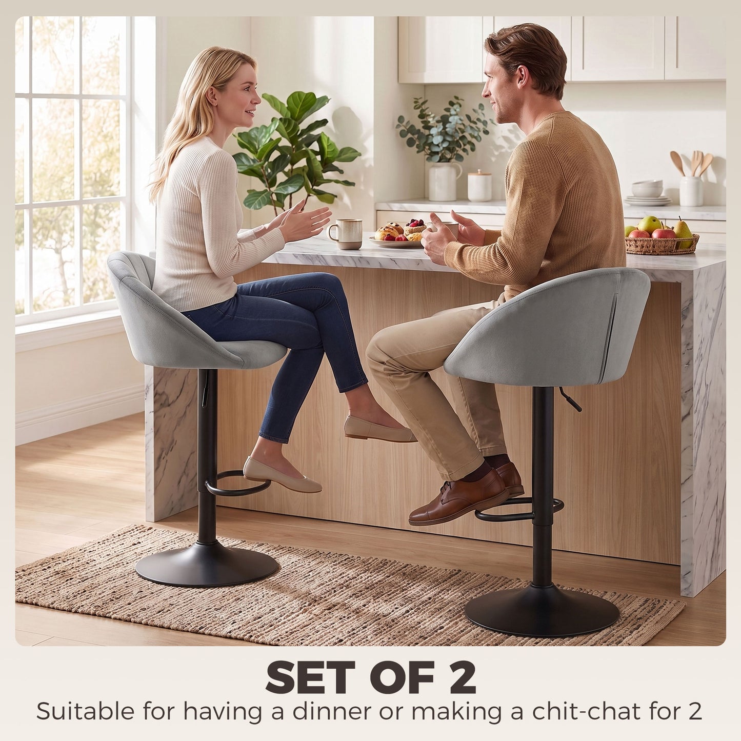 HOMCOM Set of 2 Velvet-Feel Bar Stools, Swivel Adjustable Height Breakfast Bar Chairs with Backrest, Footrest, Quilted Kitchen Stools for Dining Room, Grey