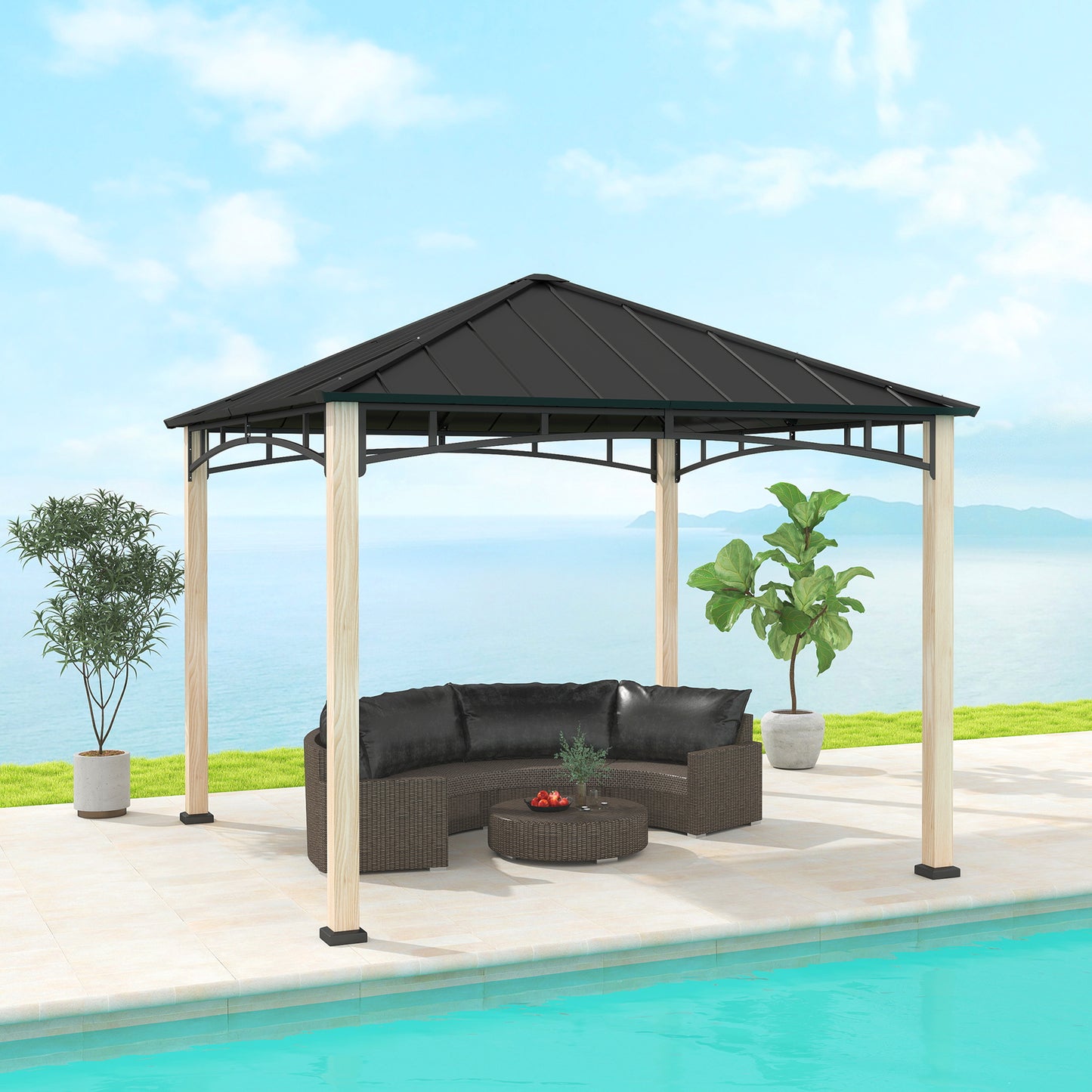 Outsunny 3x3m Hardtop Gazebo: Metal Roof, Wood Grain Columns, Top Hook for Patio/Deck Garden Use