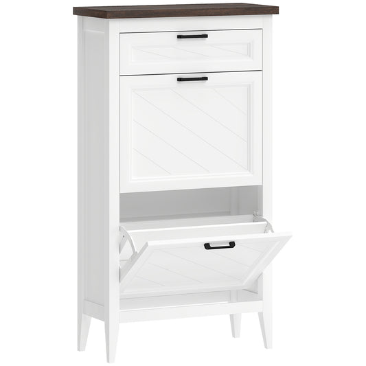 HOMCOM Shoe Cabinet with 2 Flip Drawers, Farmhouse Narrow Shoe Storage Cabinet with Adjustable Shelves, White