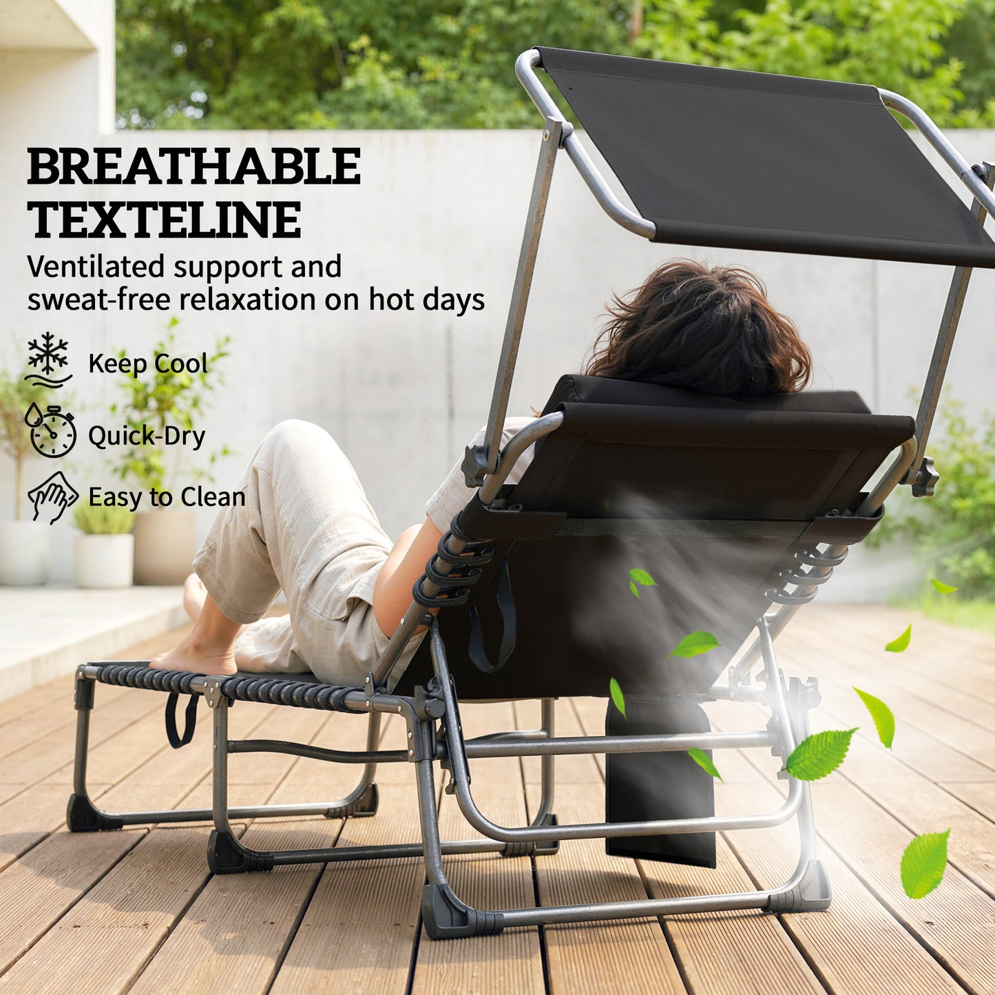 Outsunny Folding Sun Loungers Set of 2 with Canopy, Reclining Sunbed with Cushion, Side Pocket, Carrying Handle, Light Grey