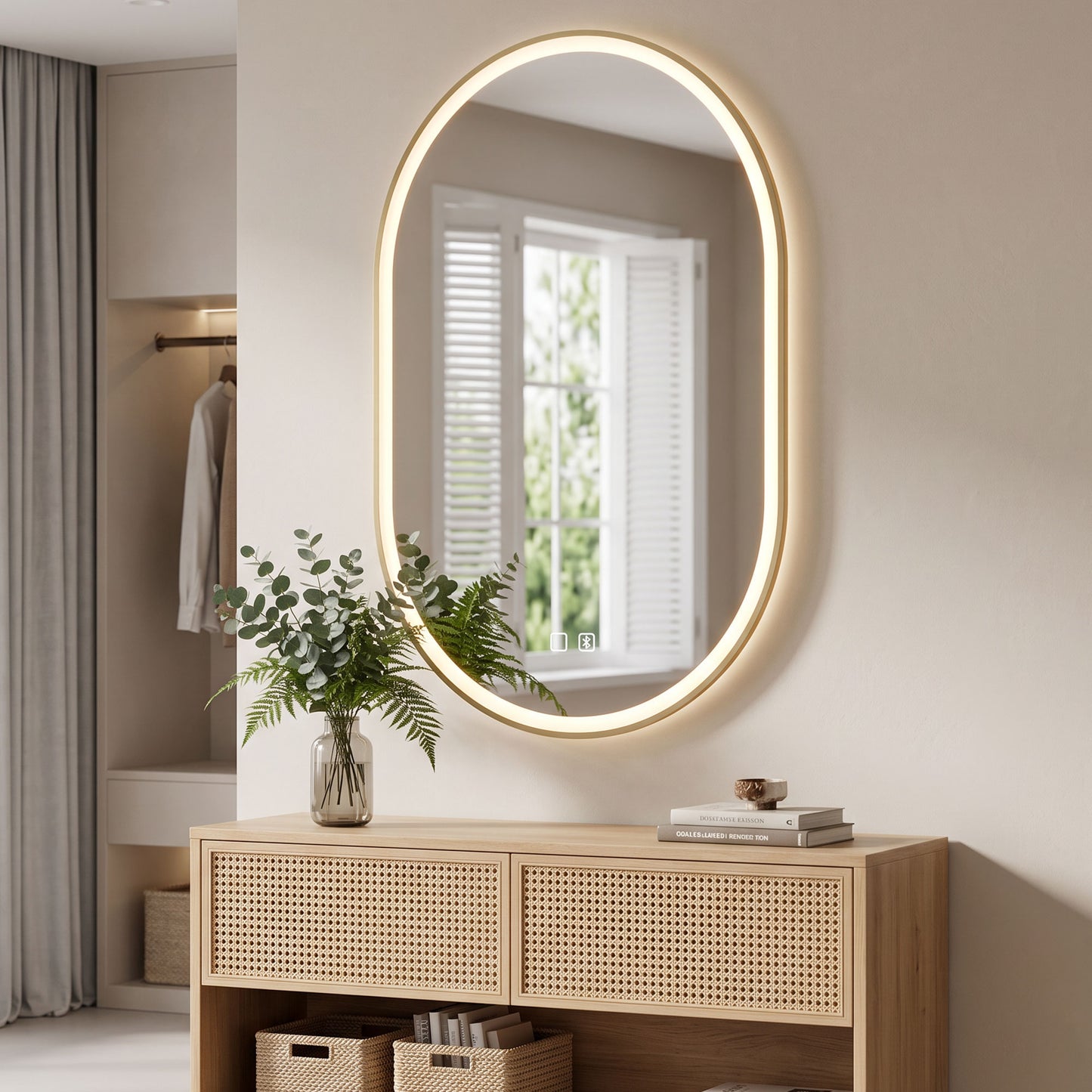 HOMCOM Bathroom Mirror with LED Lights, 100x70cm Oval Bathroom Mirror, Dimmable, Bluetooth, Anti-Fog, Gold Tone