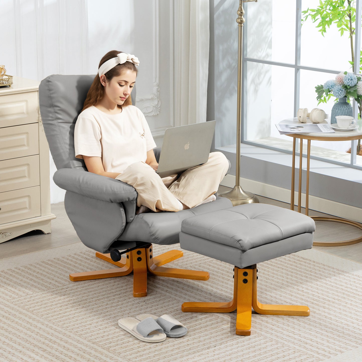 HOMCOM Recliner Armchair, Swivel Chair with Ottoman, Faux Leather, Wooden Base, Storage Footstool for Living Room, Light Grey