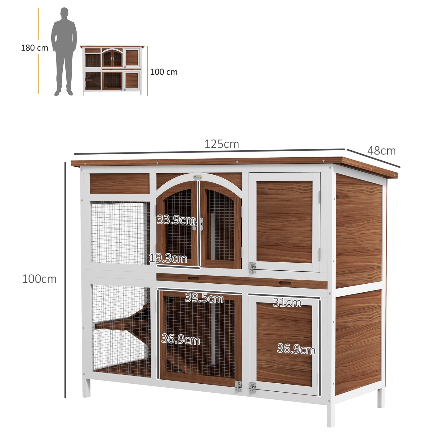 PawHut Two-Tier Wooden Pet Hutch with Openable Roof Slide-Out Tray