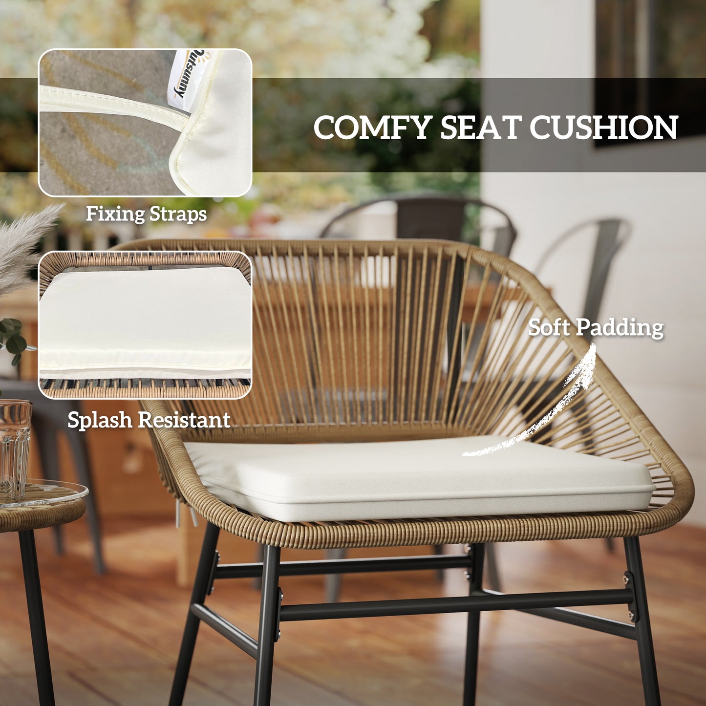 Outsunny 3-Piece Rattan Bistro Set, Garden Table & Chairs with Cushions, Glass Top for Patio/Balcony