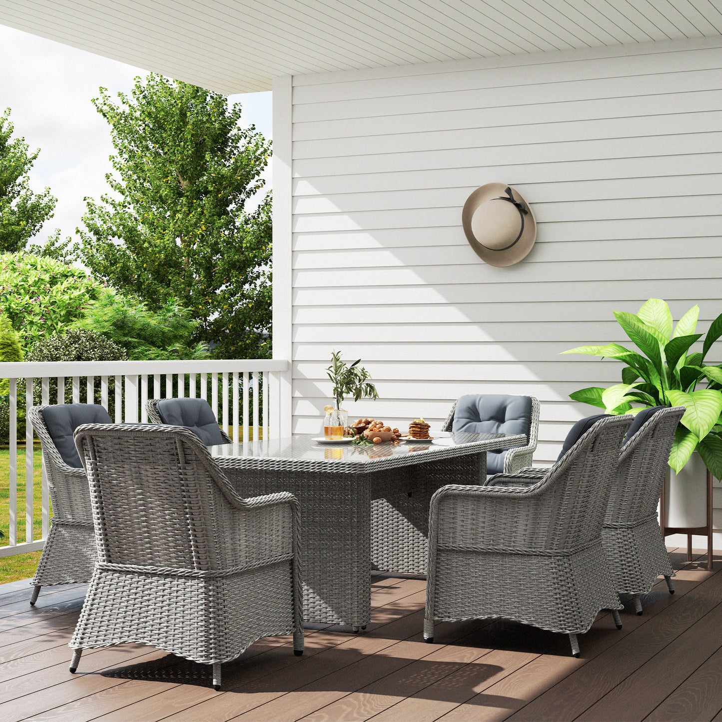 Outsunny 6-Seater Rattan Dining Set, Round PE Rattan Furniture, Aluminum Table, 6 Armchairs with Cushions, Rectangular Glass Top, Grey