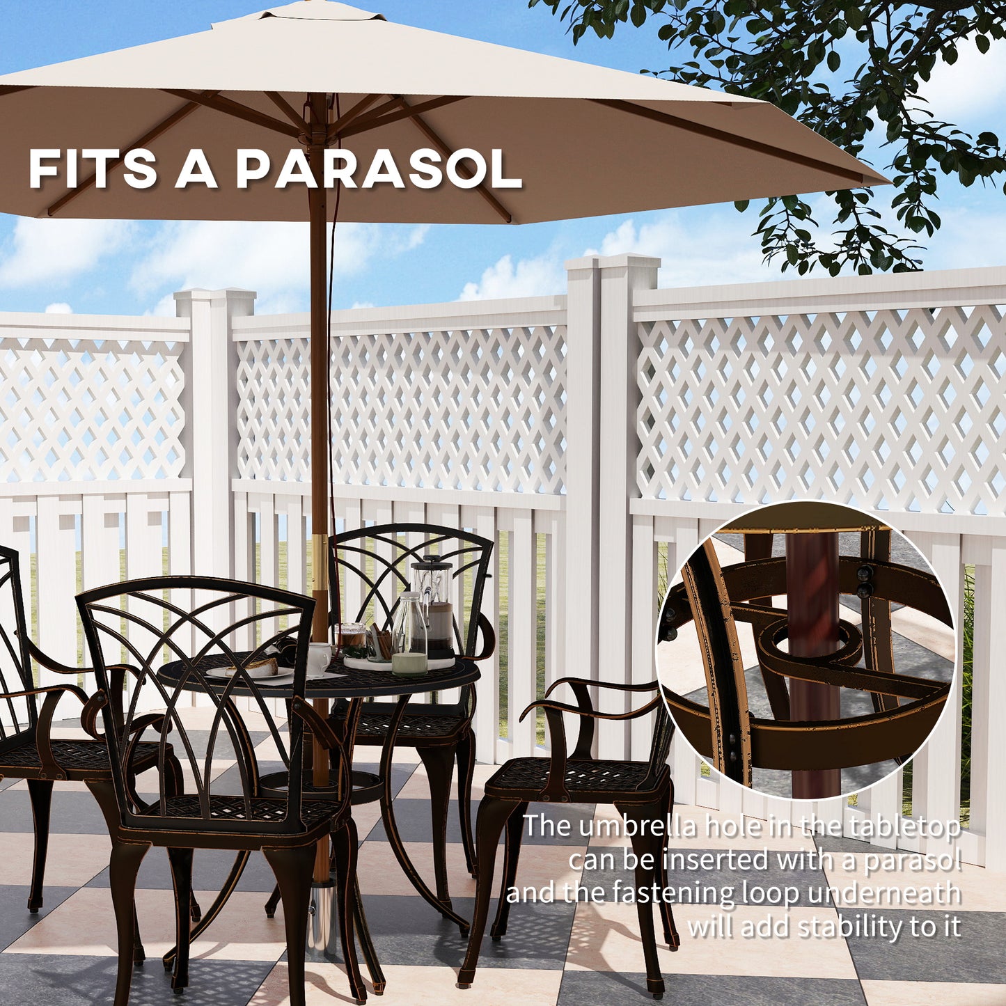 Outsunny 5 Piece Bronze Cast Aluminium Garden Dining Set, 4 Armchairs, Round Table with Parasol Hole