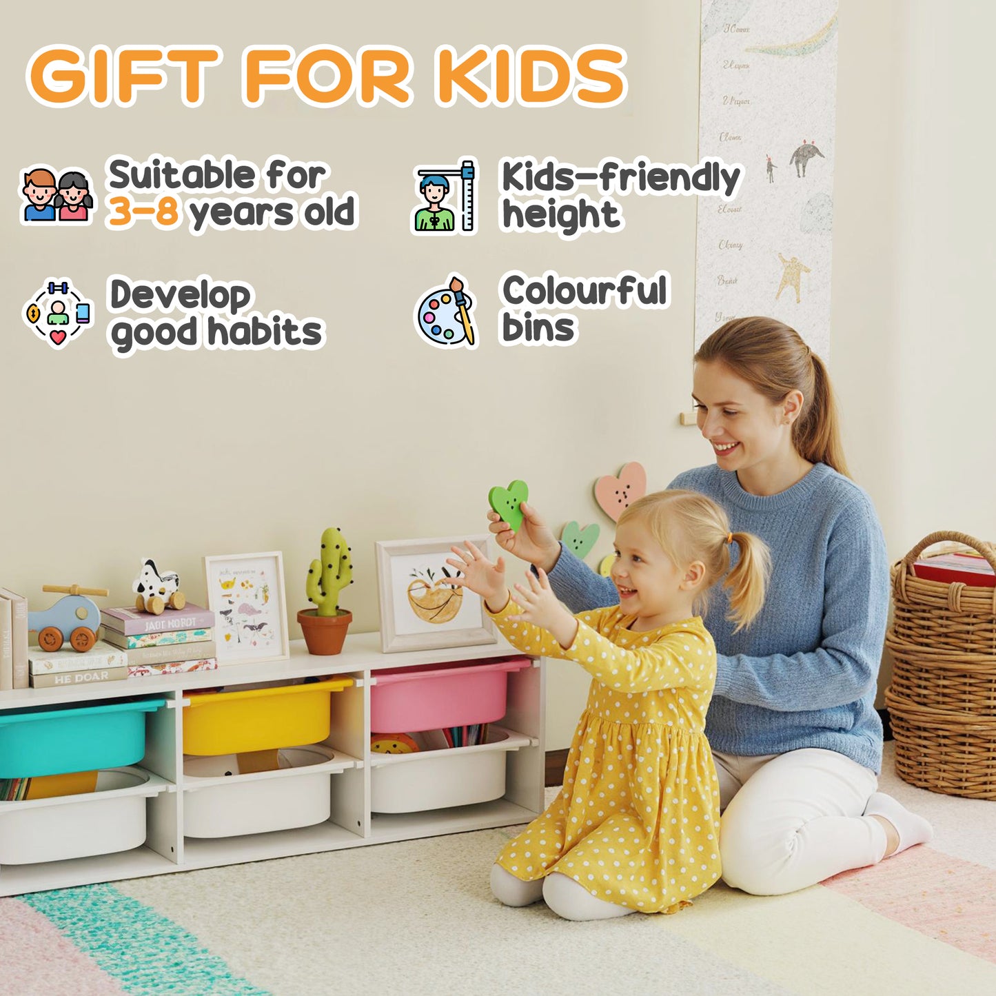 AIYAPLAY Low Height 2 Tiers Storage Organiser, Kids Toy Storage Unit with 6 Removable Bins for Bedroom, Nursery, Playroom
