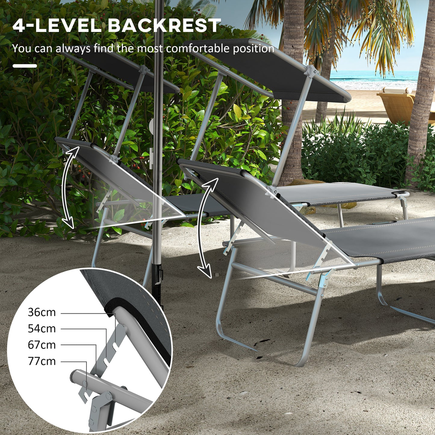 Outsunny 2-Piece Foldable Sun Lounger Set with Shade - Grey
