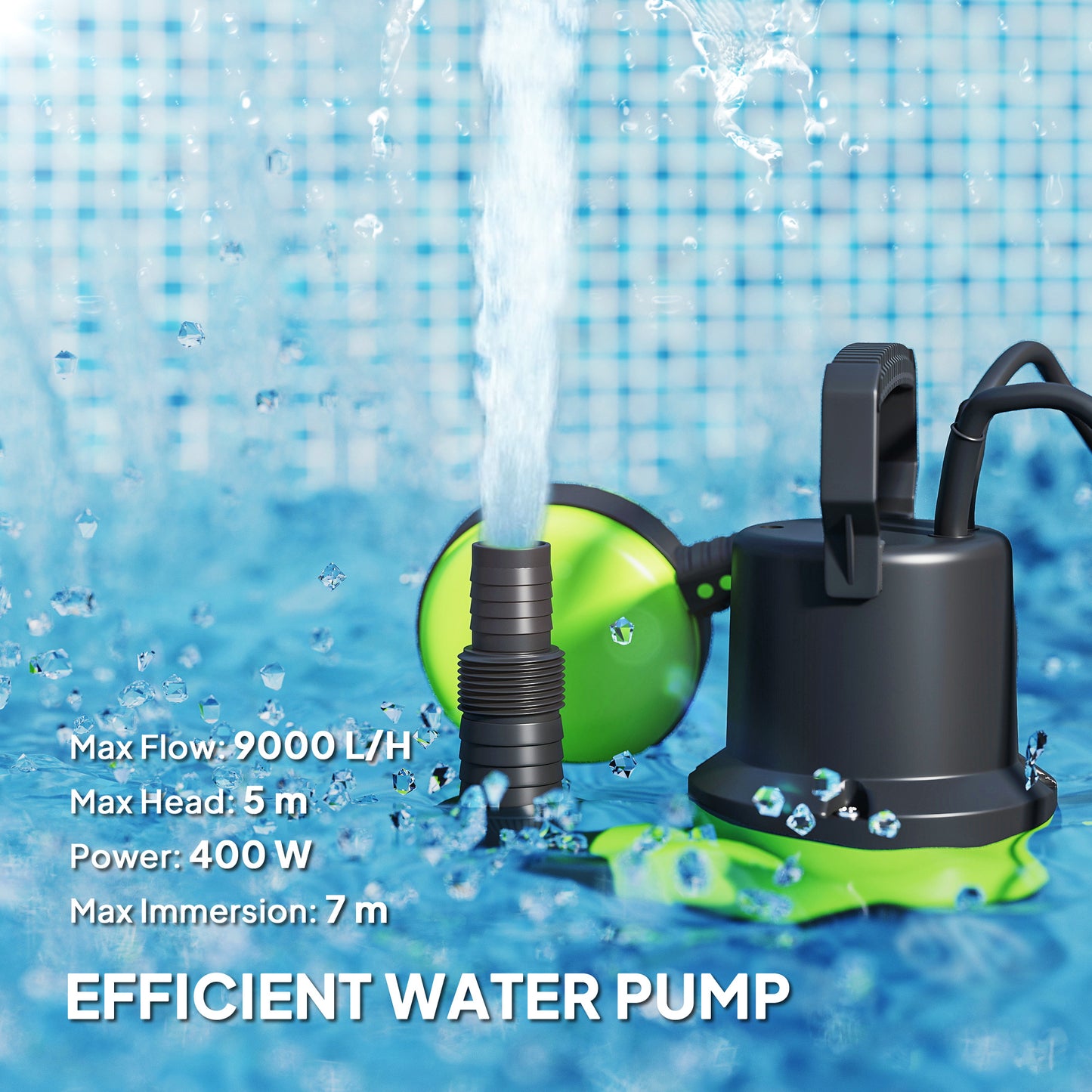 Outsunny 400W Submersible Water Pump, 9000L/H Electric Sump Pump with Float Switch for Garden Pond, Hot Tub, Ditches, Portable and Lightweight