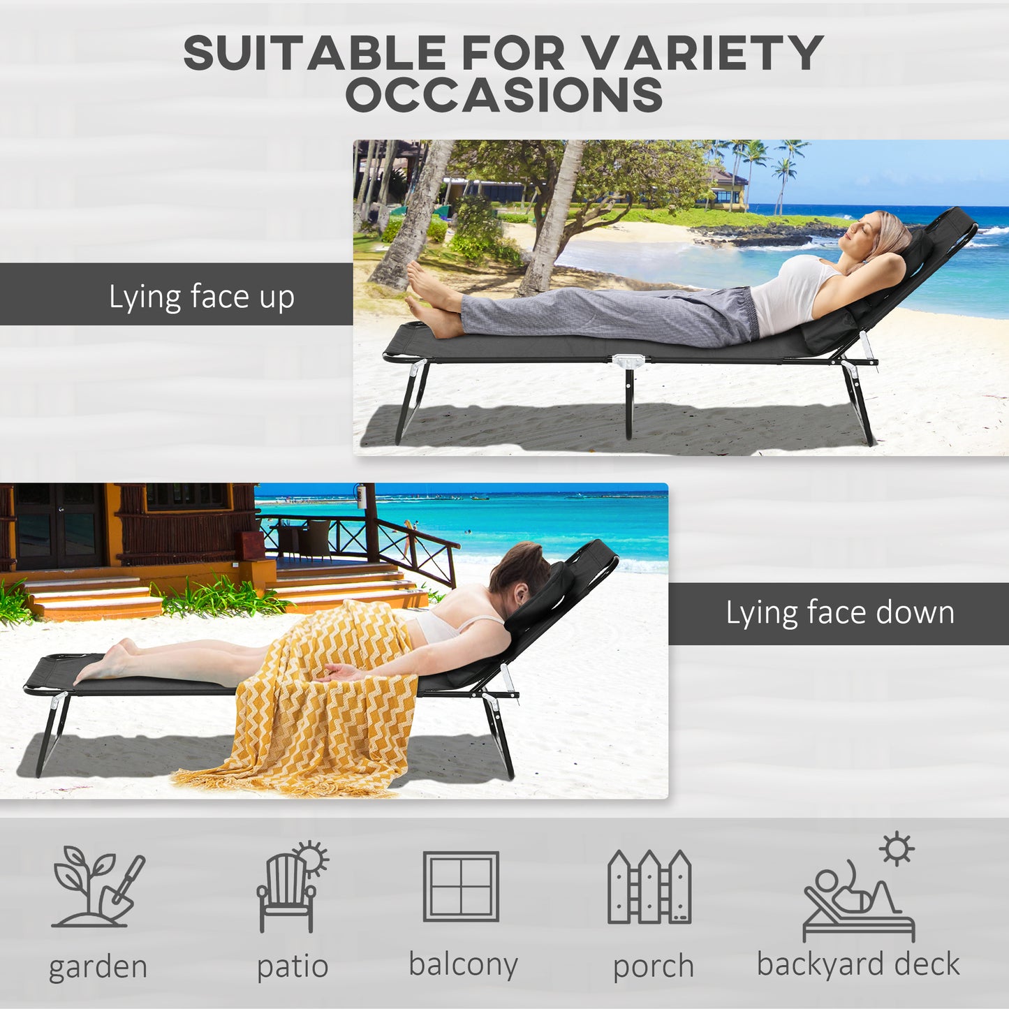Outsunny Adjustable Backrest Foldable Sun Lounger Set with Pillow - Black