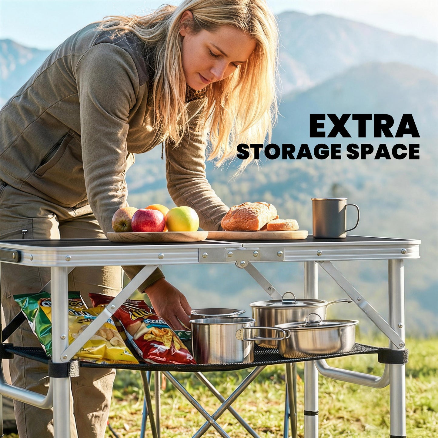 Outsunny 2ft Folding Camping Table, Picnic Table with Mesh Storage Layer, 4 Adjustable Heights and Carrying Handle