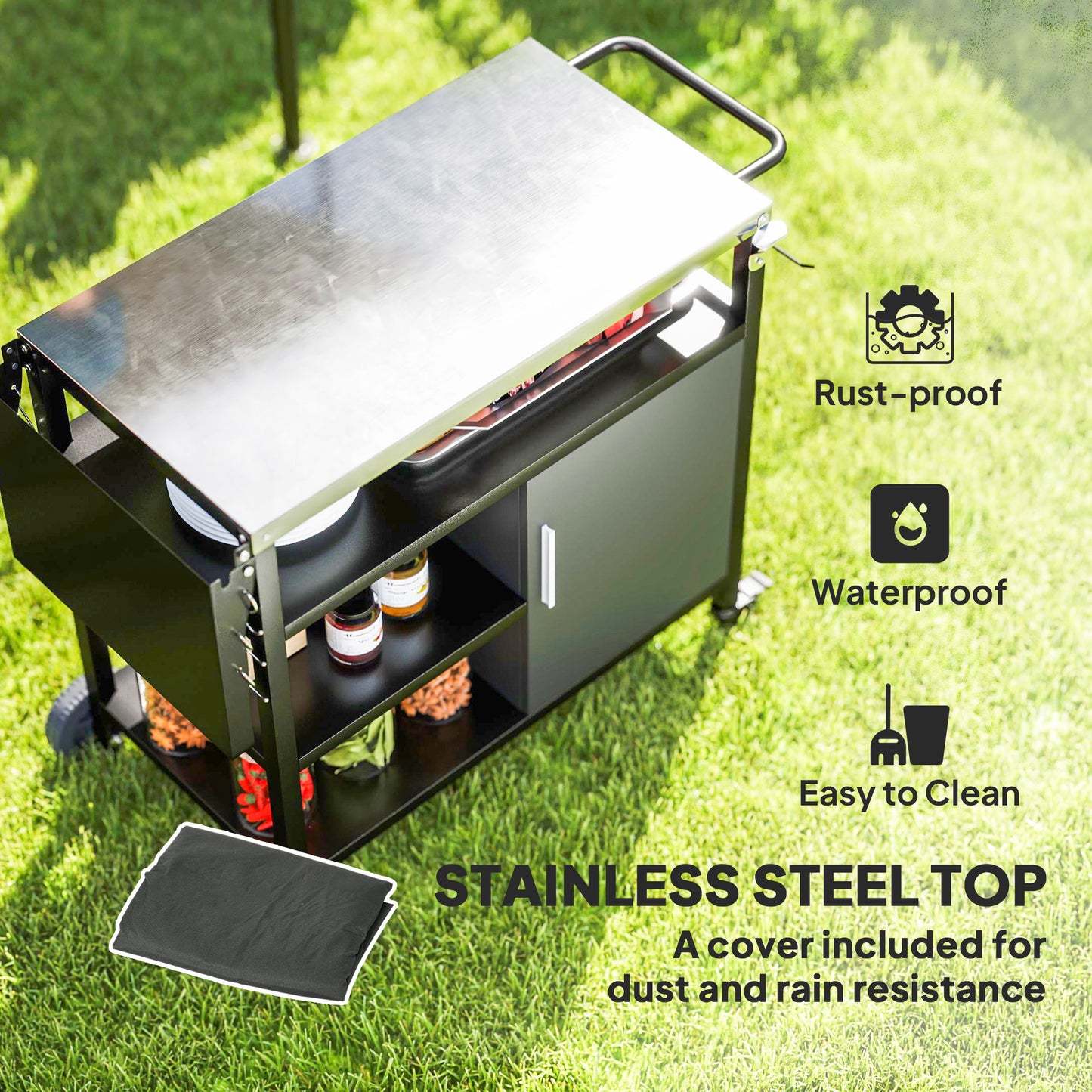 Outsunny Outdoor BBQ Trolley, Stainless Steel Top, Foldable Side Table, Wheels, Hooks, Shelves, Cabinet, Pizza Oven Table, Cover, Black