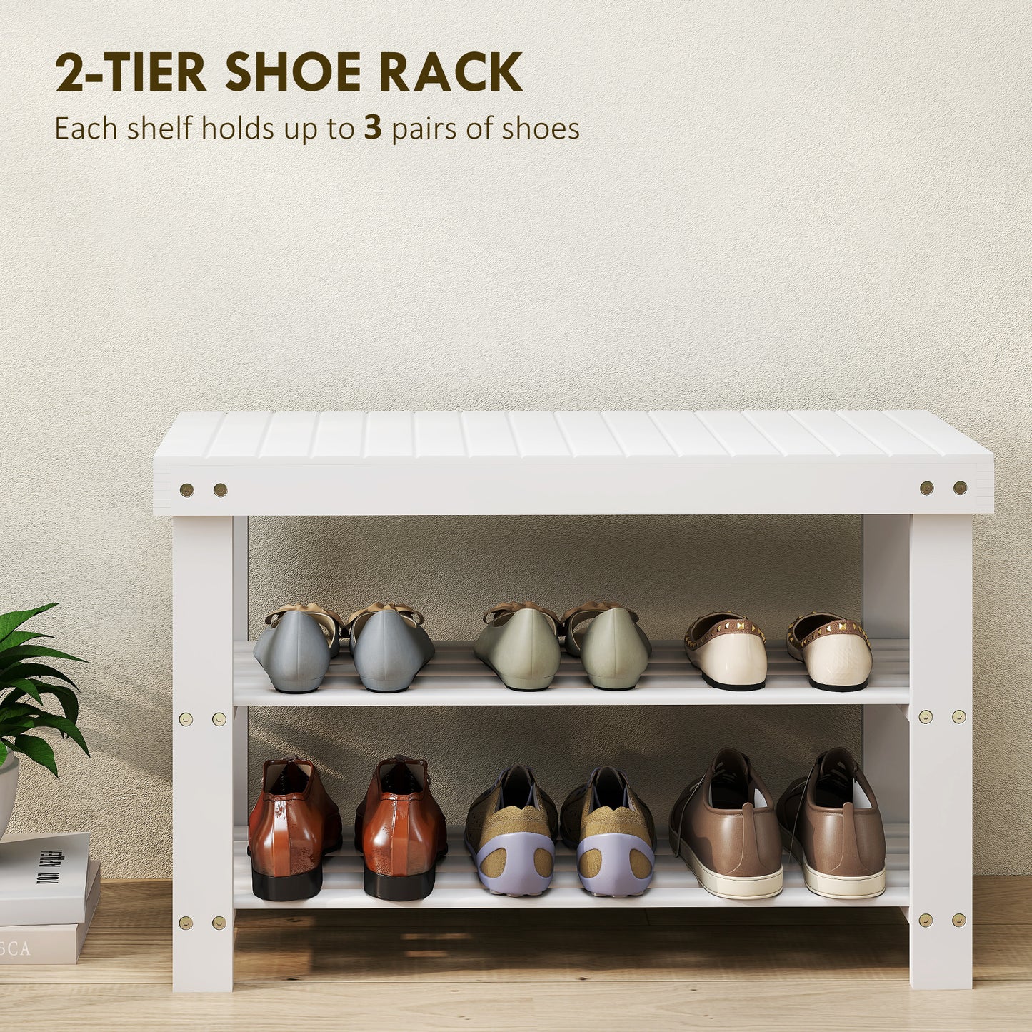 HOMCOM 3-Tier Bamboo Shoe Storage Bench - White
