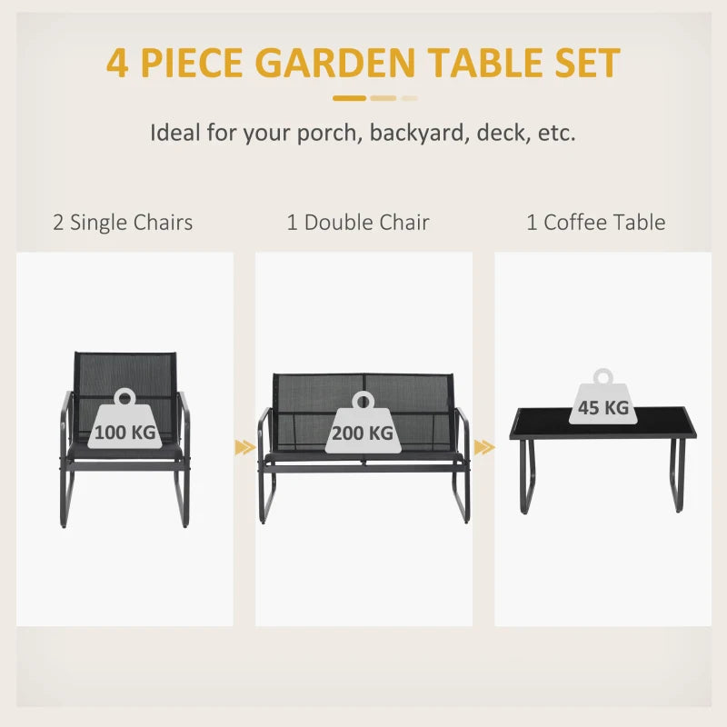 Outsunny 4 Piece Garden Furniture Set Outdoor Patio Sofa Set with Double Chair, Single Chairs and Glass Top Table for Terrace and Balcony, Black