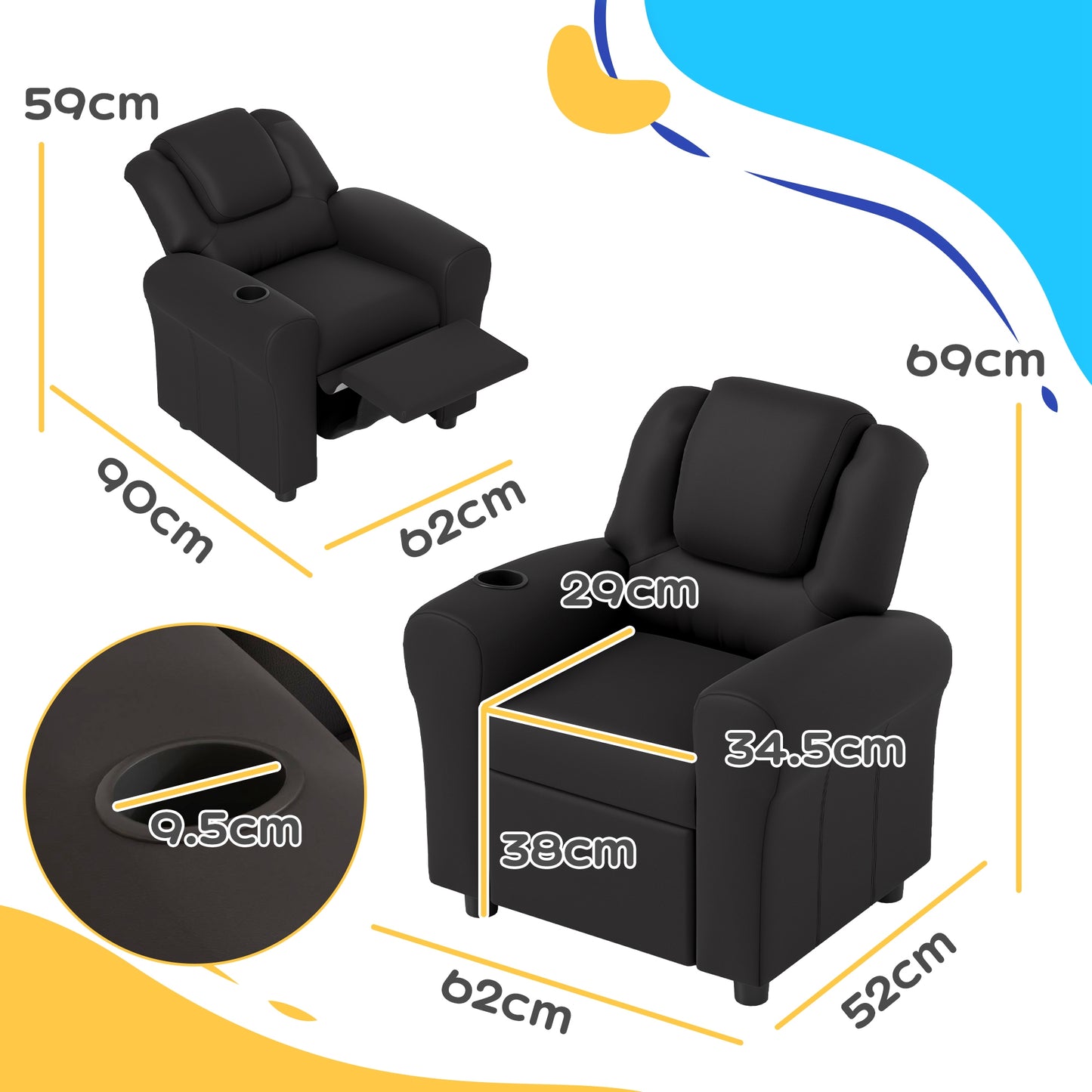 HOMCOM Kids Armchair, Kids Recliner Chair, PU Leather Kids Chair with Adjustable Backrest & Footrest, Padded Headrest, Black