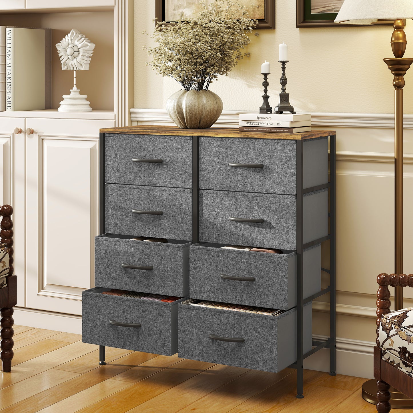 HOMCOM Chest of Drawers, Industrial Dresser with 8 Fabric Drawers, Steel Frame, Wooden Top for Bedroom, Nursery, Hallway, Rustic Brown and Grey