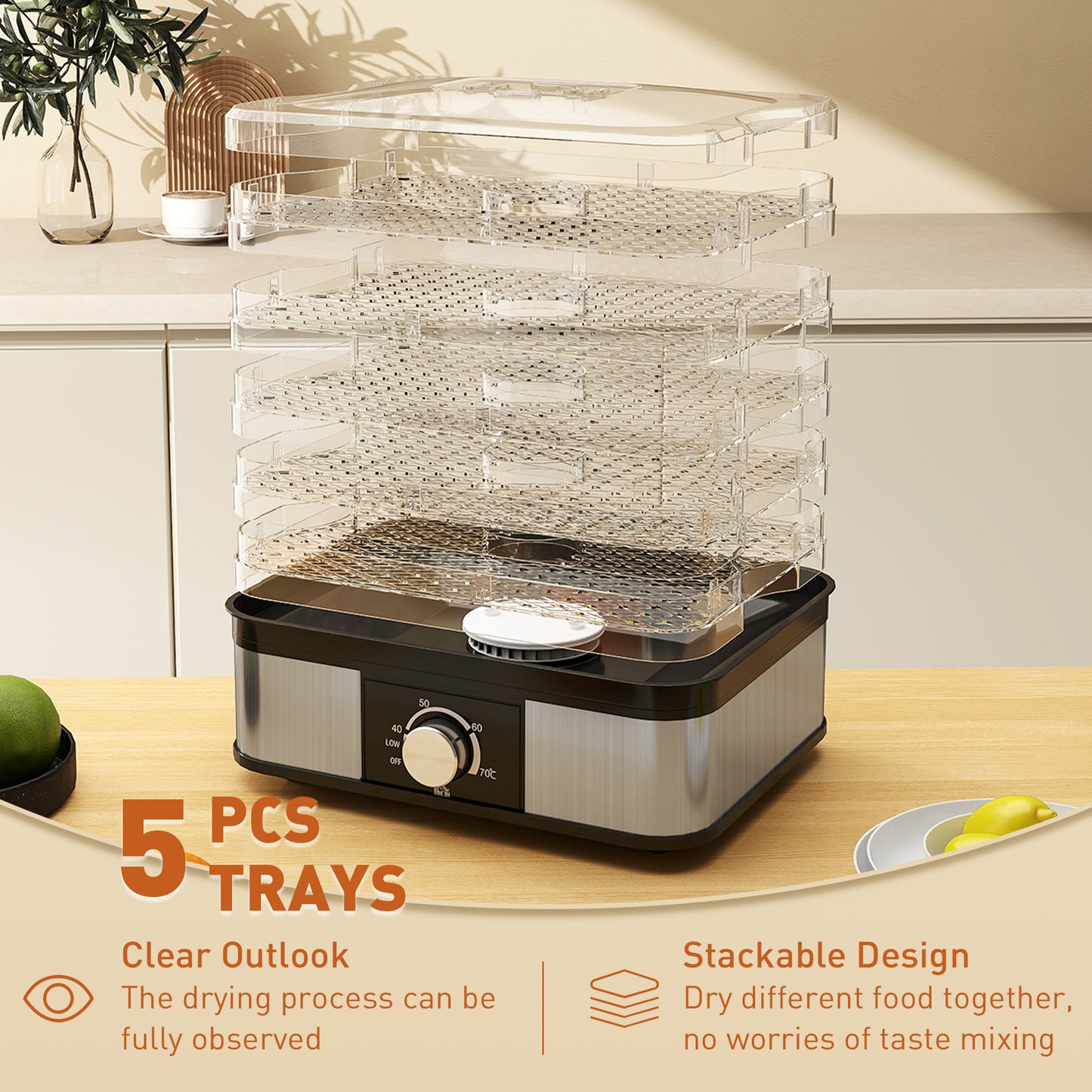 HOMCOM 5 Tier Food Dehydrator, 245W Stainless Steel Dryer with Adjustable Temperature for Fruit, Meat, Vegetables, Jerky & Pet Treats, Black
