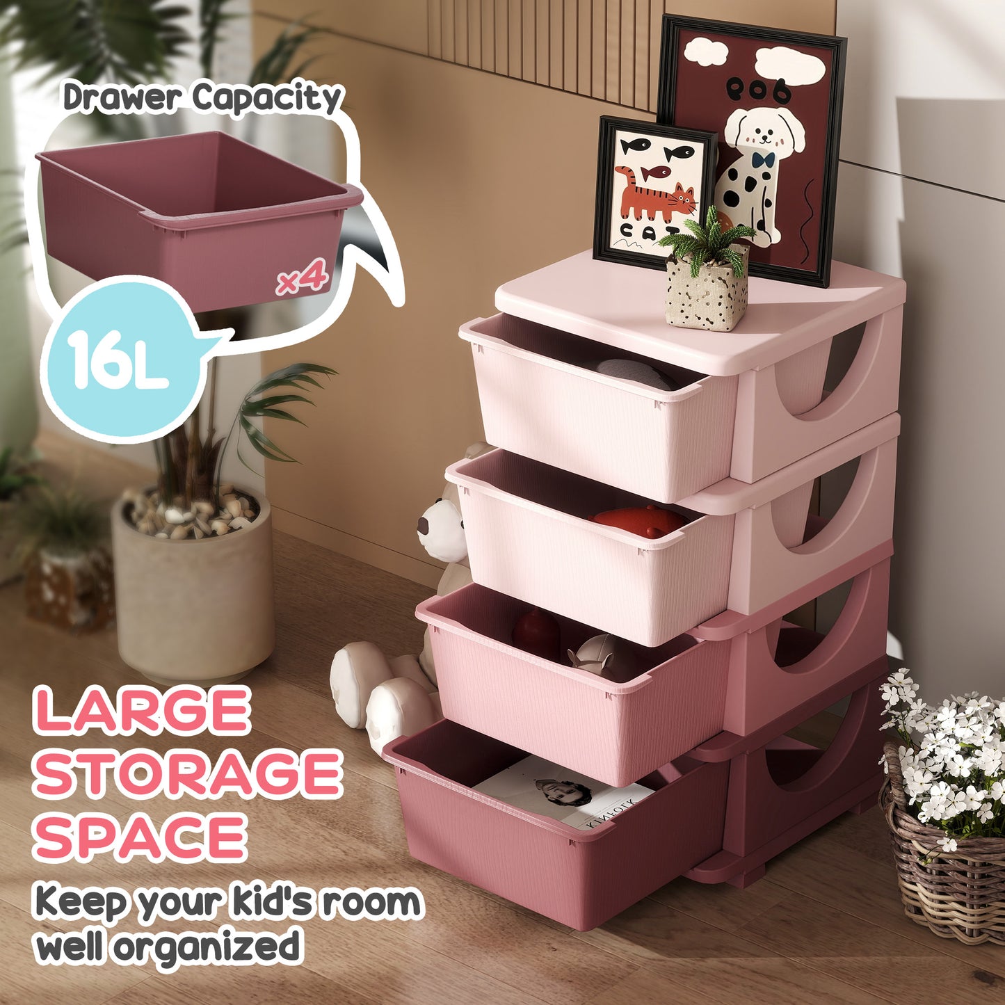 HOMCOM Four-Tier Kids Storage Boxes, with Four Drawers - Pink