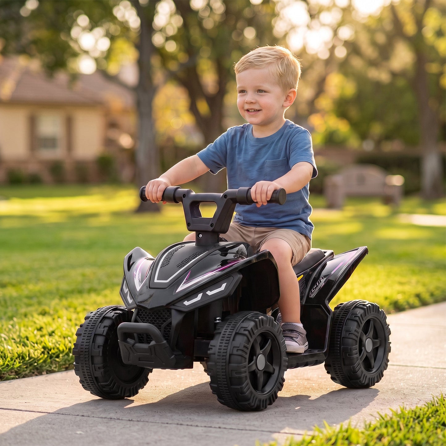 AIYAPLAY 6V Battery Powered Kids ATV, Quad Bike w/ Handlebar Button Control, Max 1.2MPH, Max 55lbs Load, for 18-48 Months, Black