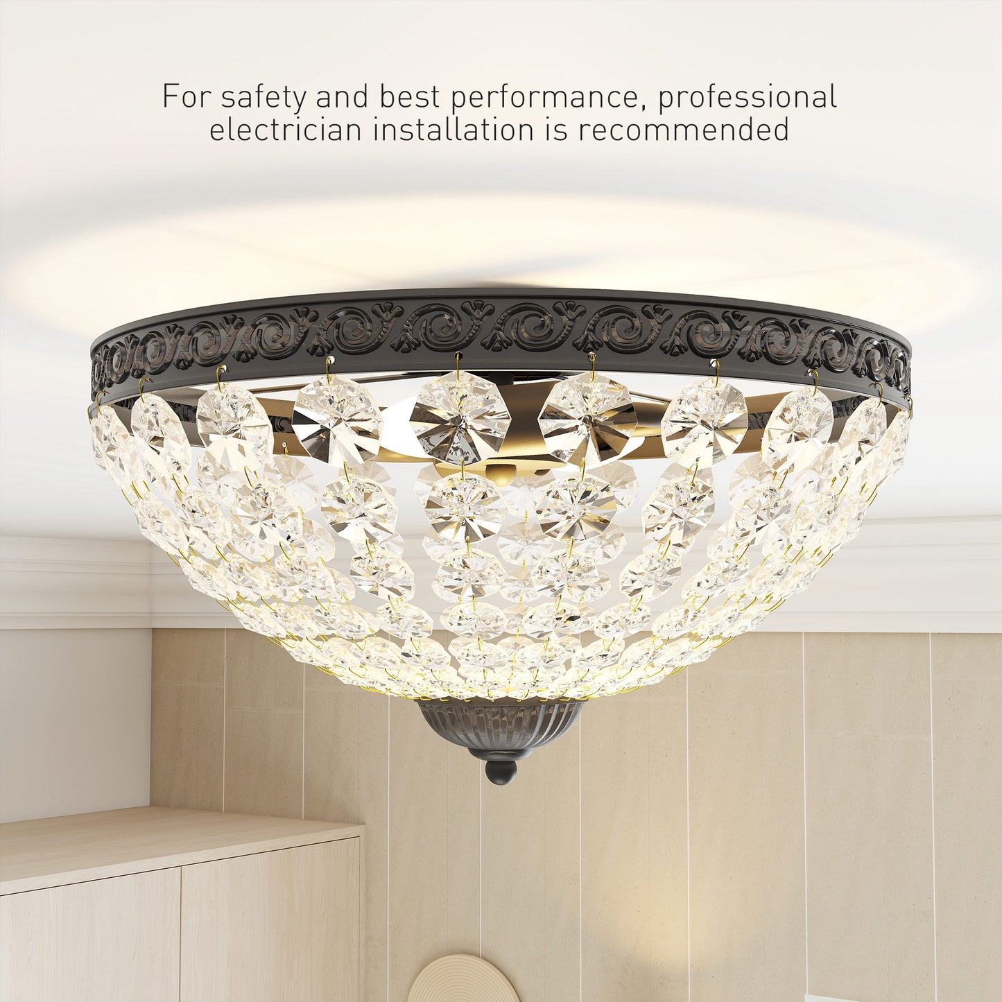 HOMCOM Crystal Chandelier Ceiling Light, 2-Light Flush Mount with 168 Octagonal Beads for Living Room, Bedroom, Hallway, Dining Room, Black