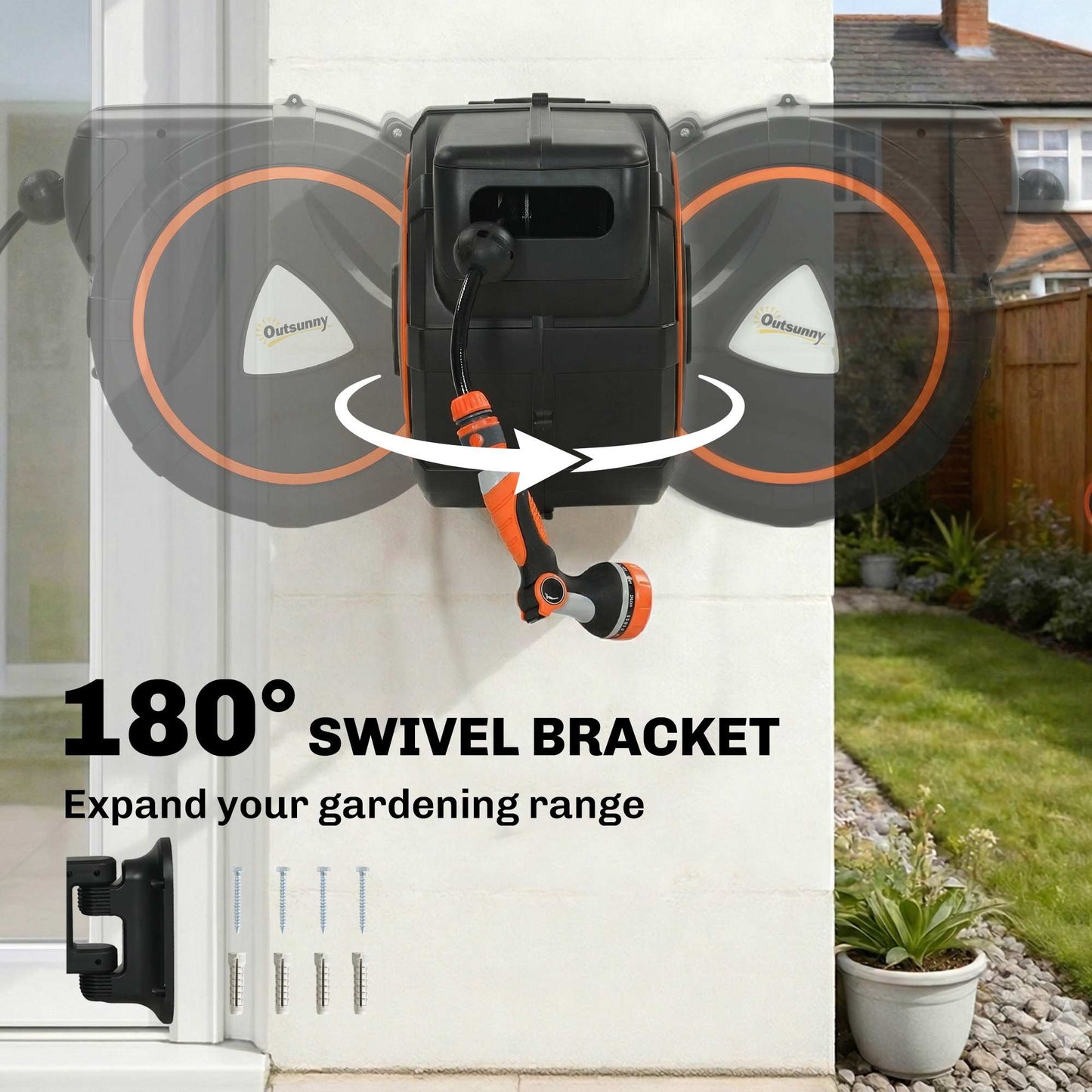 Outsunny 23+2m Retractable Hose Reel Wall Mounted with Auto Retraction, Self-Locking, Slow Return System, 12-Pattern Nozzles