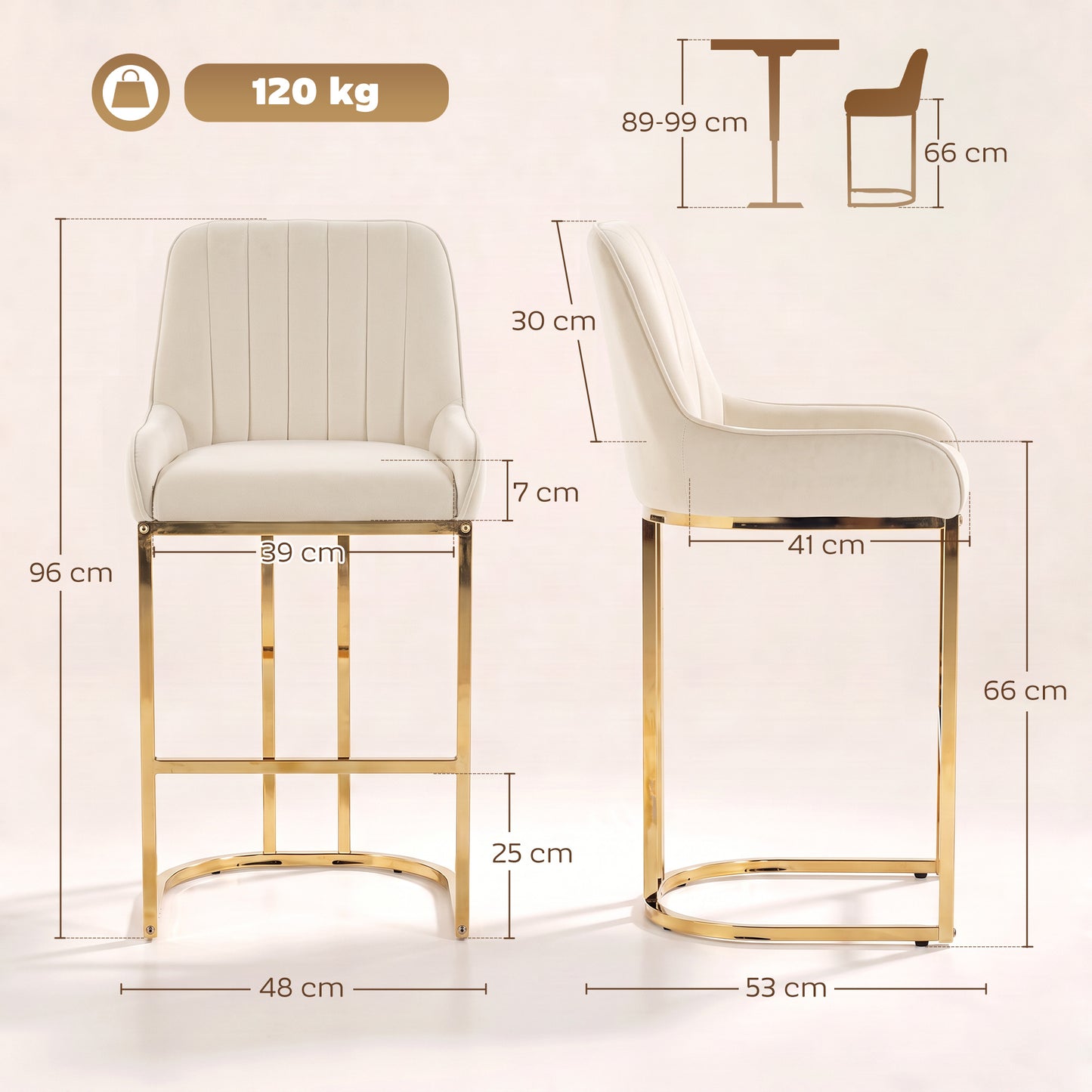HOMCOM Bar Stools Set of 2 with Backrest, Footrest, Gold Electroplated Legs for Kitchen Island, Dining Room, Cream White