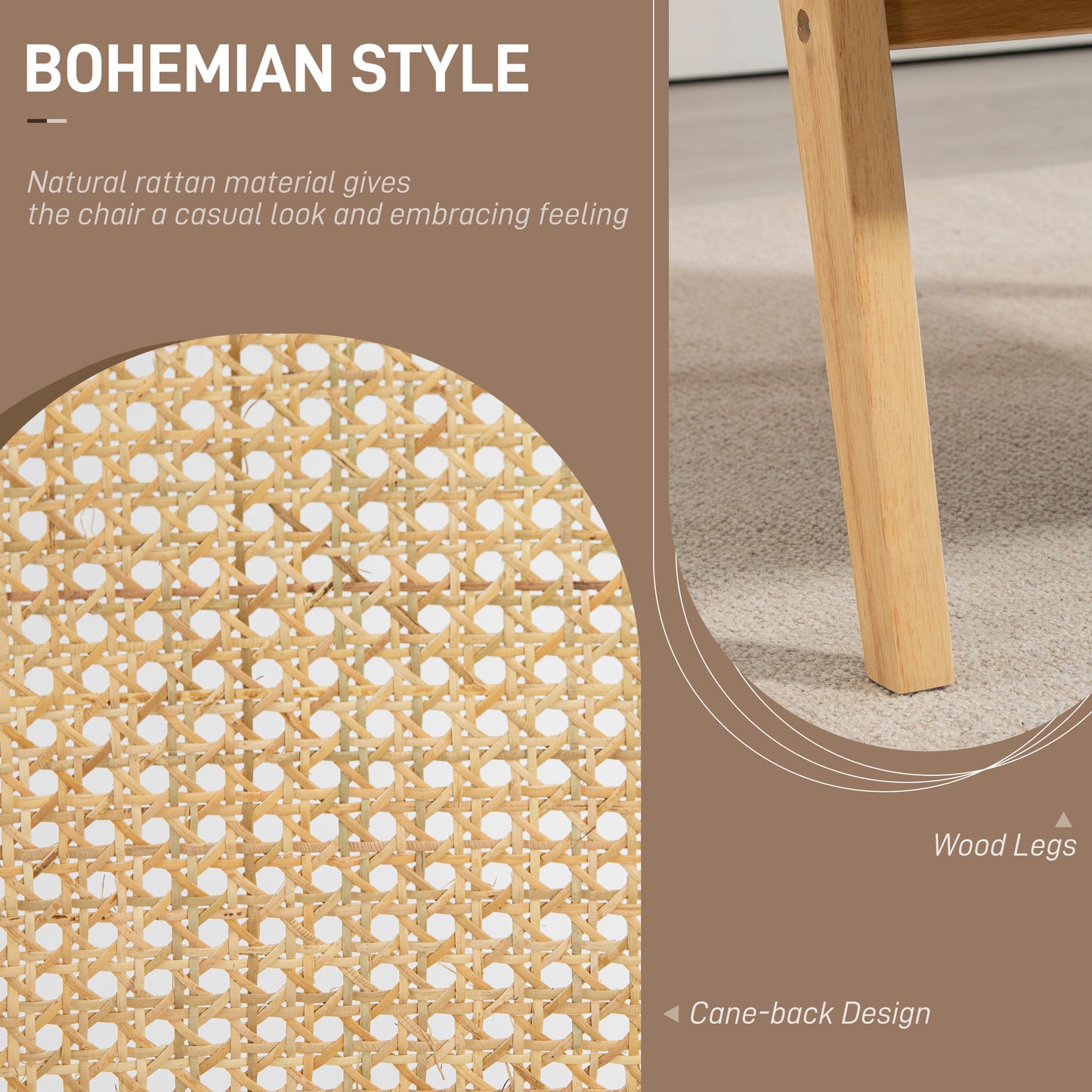 HOMCOM Bohemian Armchair, Fabric Seat, Rattan Back, Rubber Wood Frame, Natural Finish