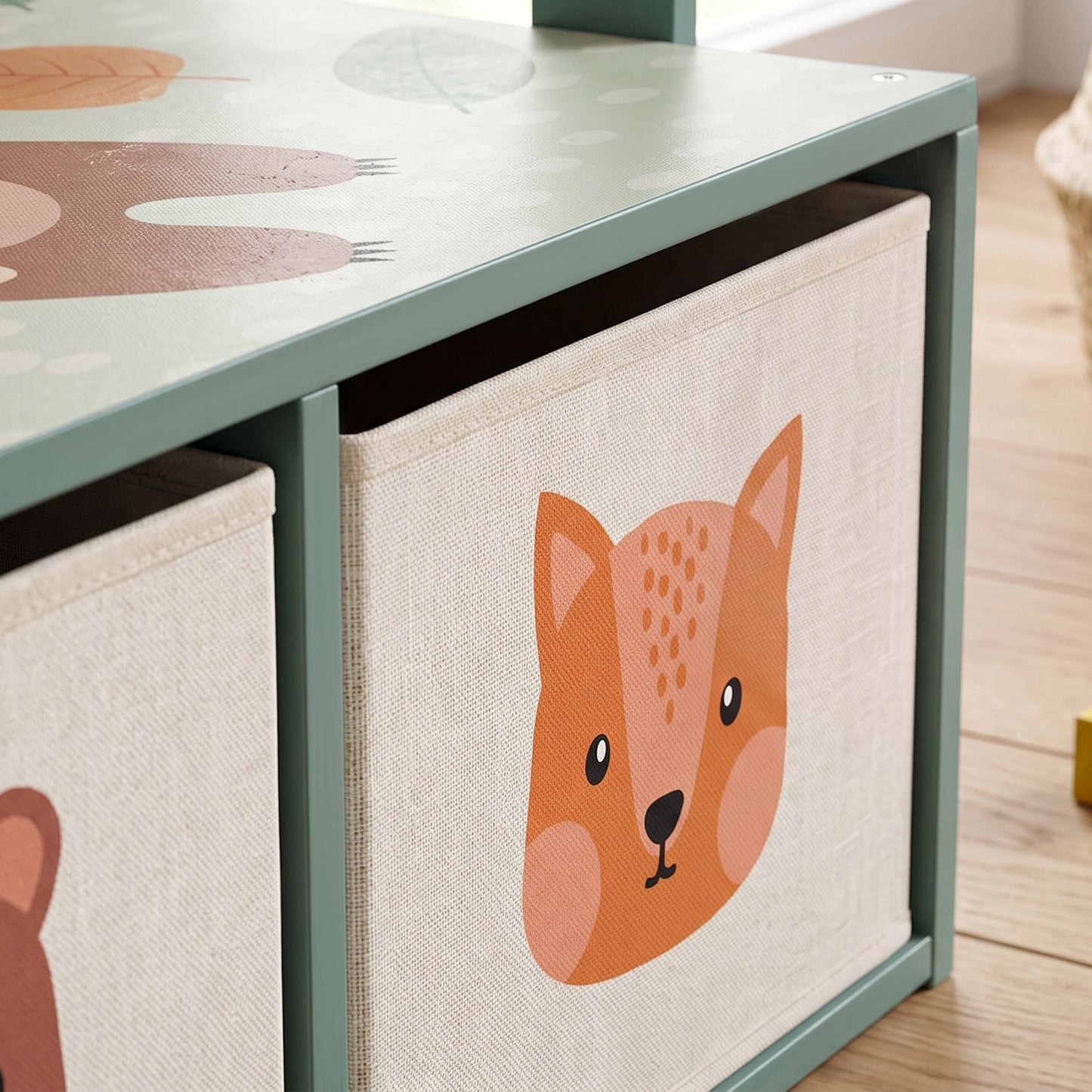 AIYAPLAY Kids Table and Chair Set, 3 in 1 Wooden Toy Box with 2 Fabric Drawers for Bedroom, Playroom, Gift for Boys Girls, Green