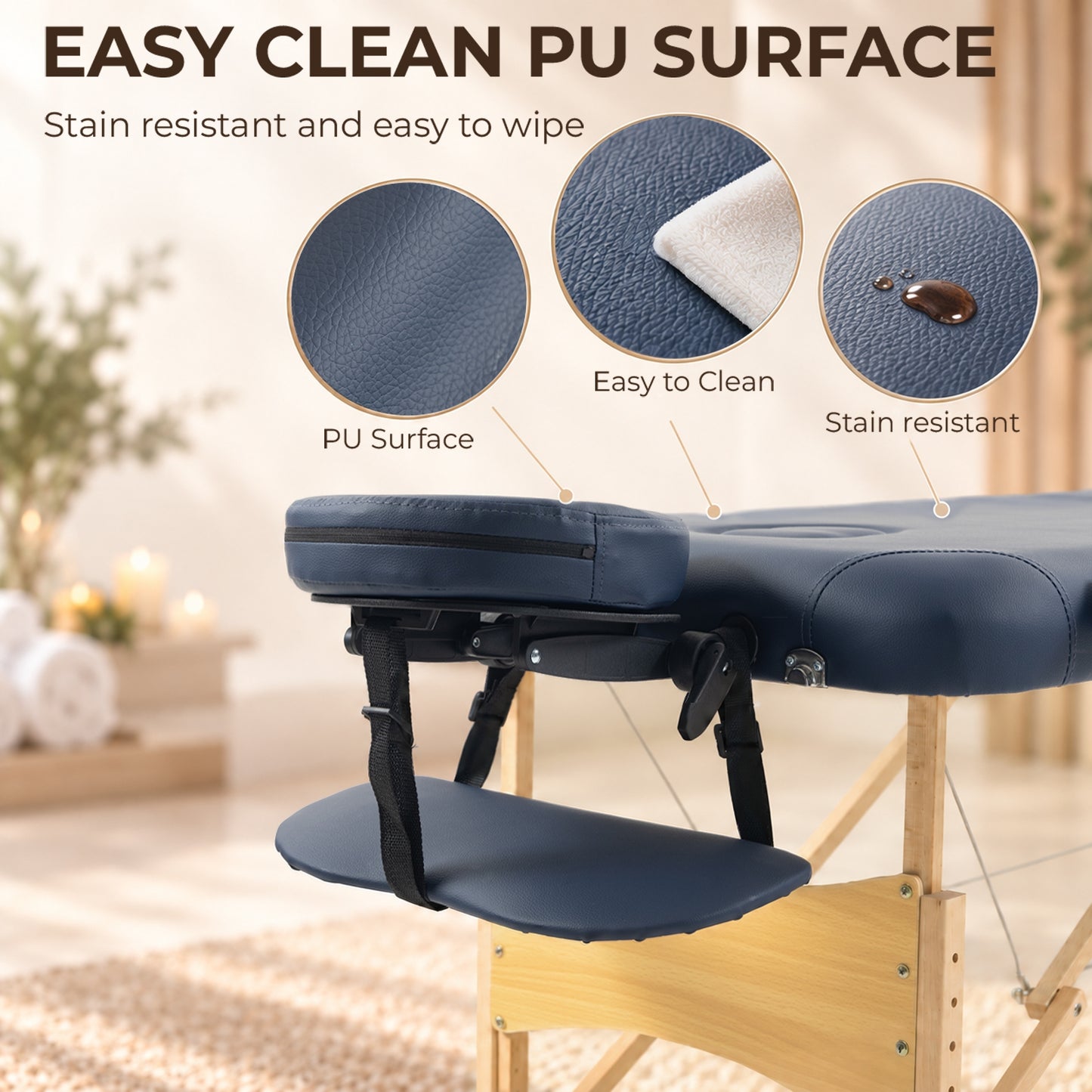 HOMCOM Portable Massage Bed, Folding Spa Beauty Massage Table with 2 Sections, Carry Bag and Wooden Frame, Dark Blue