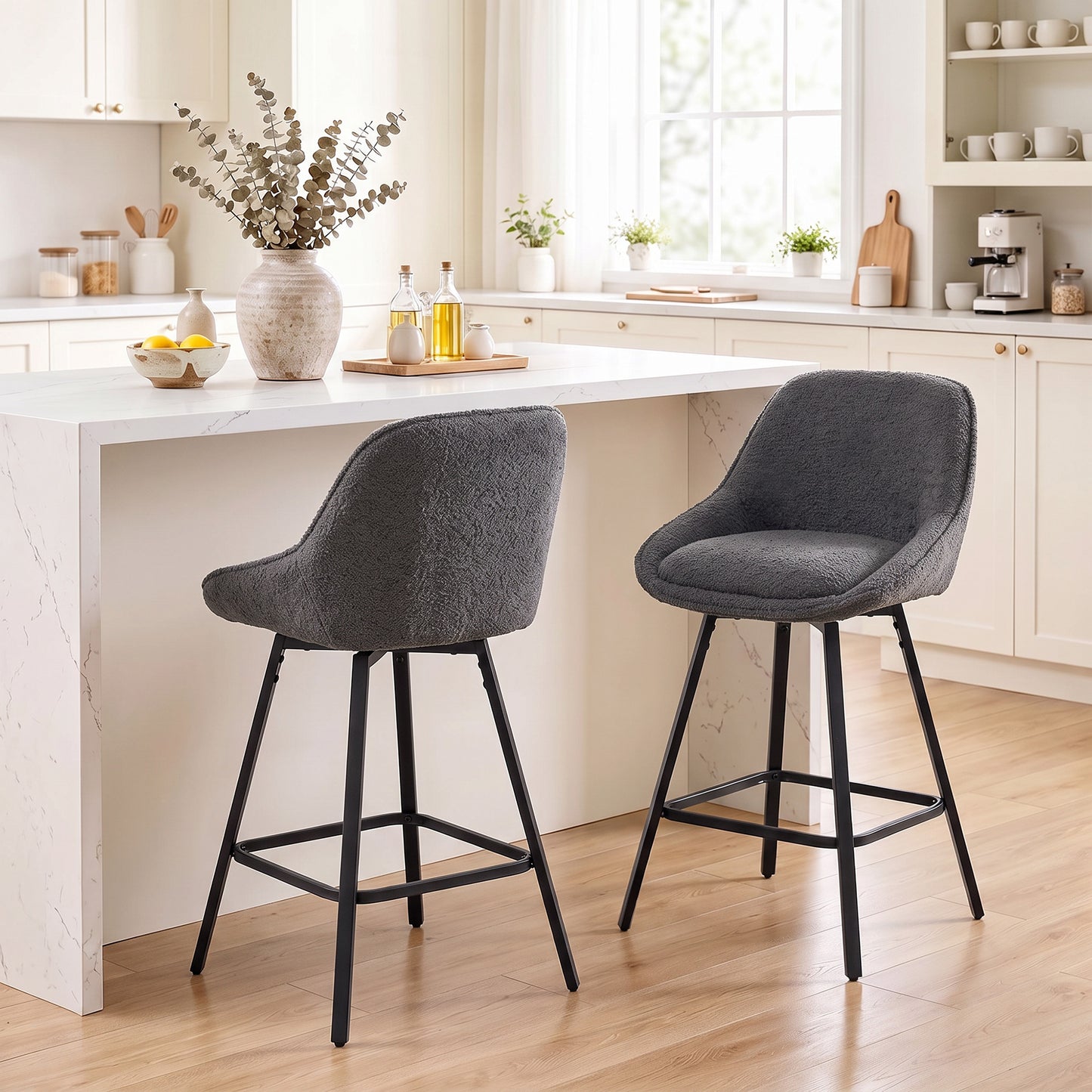 HOMCOM Bar Stools Set of 2, 64 cm Modern Linen-Touch Fabric 360° Swivel Counter Height Bar Chairs, Dark Grey