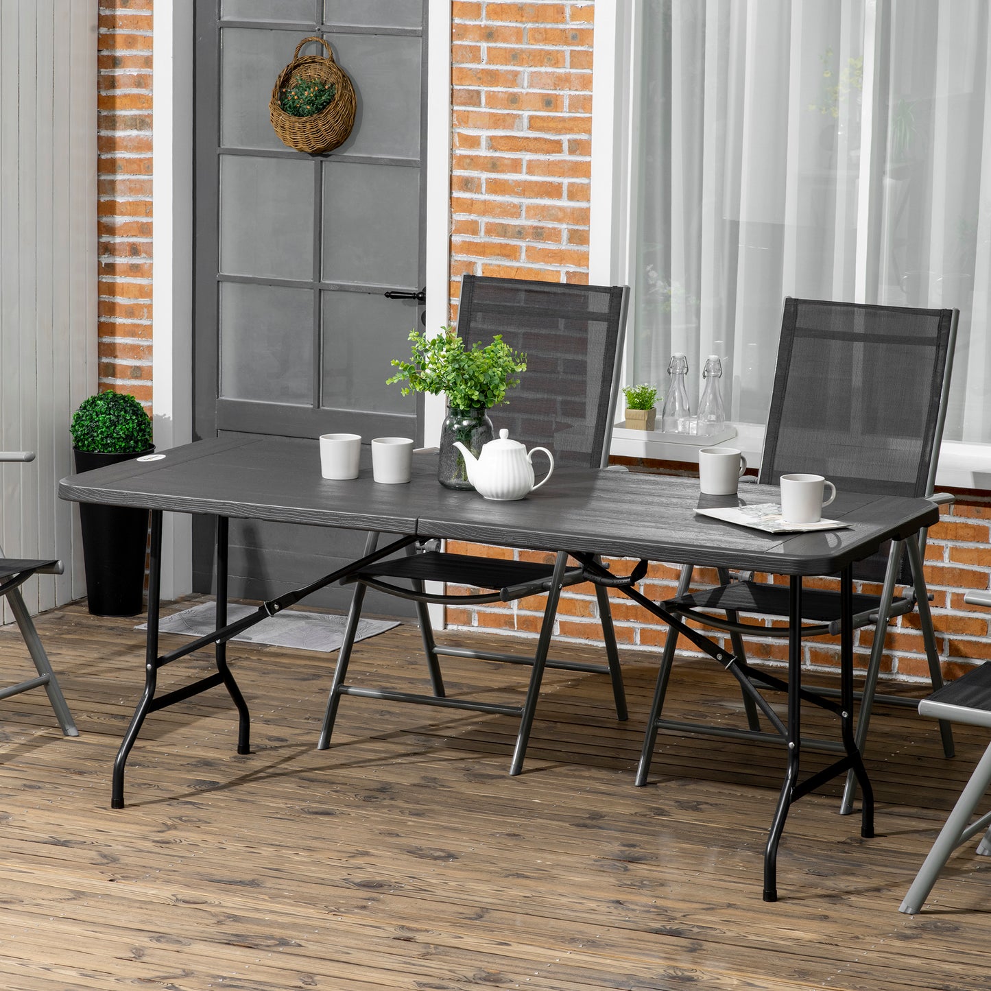 Outsunny Folding Garden Table for 6, Rectangular HDPE Top, Steel Frame, Foldable, Charcoal Grey