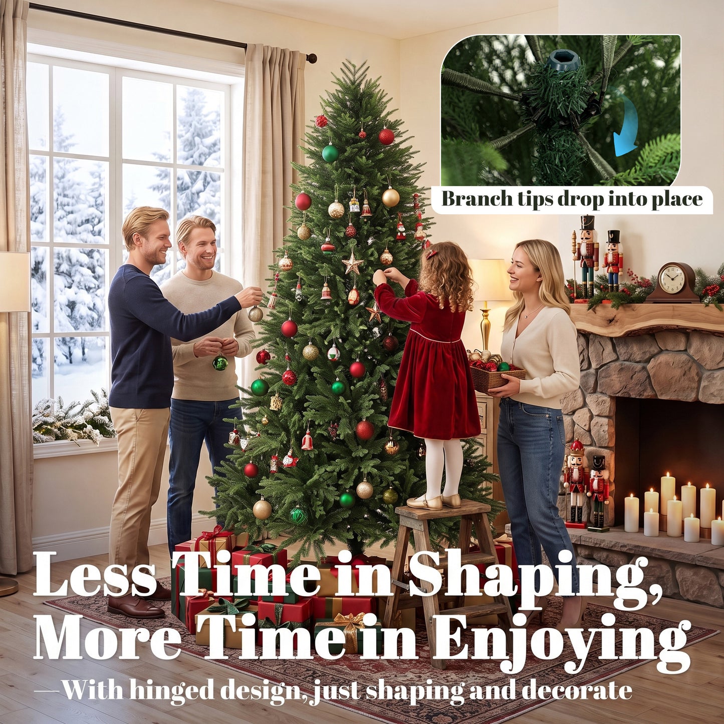 HOMCOM 7ft Artificial Christmas Tree, Hinged Xmas Tree with Realistic 1071 PE & PVC Branch Tips, Fir Wood Base, Green