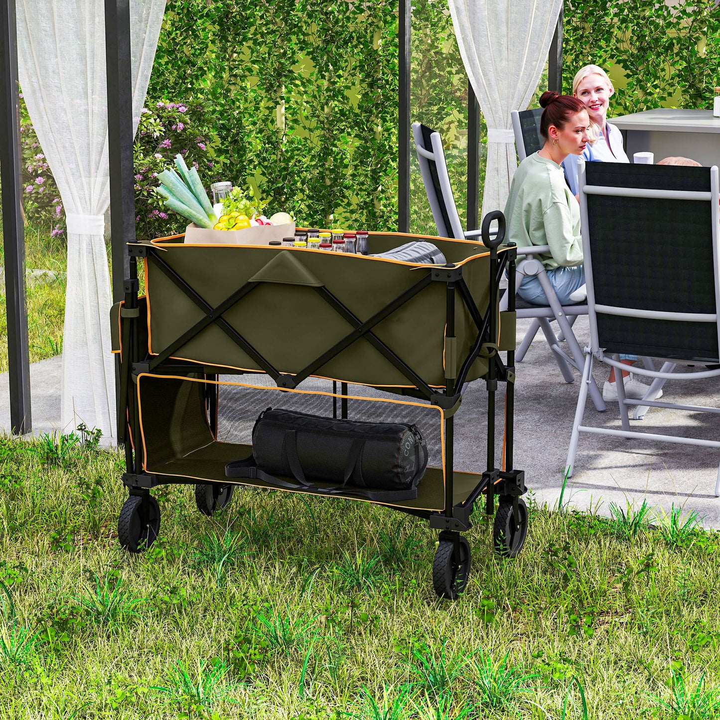 Outsunny Double Decker Folding Trolley on Wheels, 200KG & 350L Capacity Collapsible Wagon for Camping, Sports, Shopping, Garden & Beach, Grey
