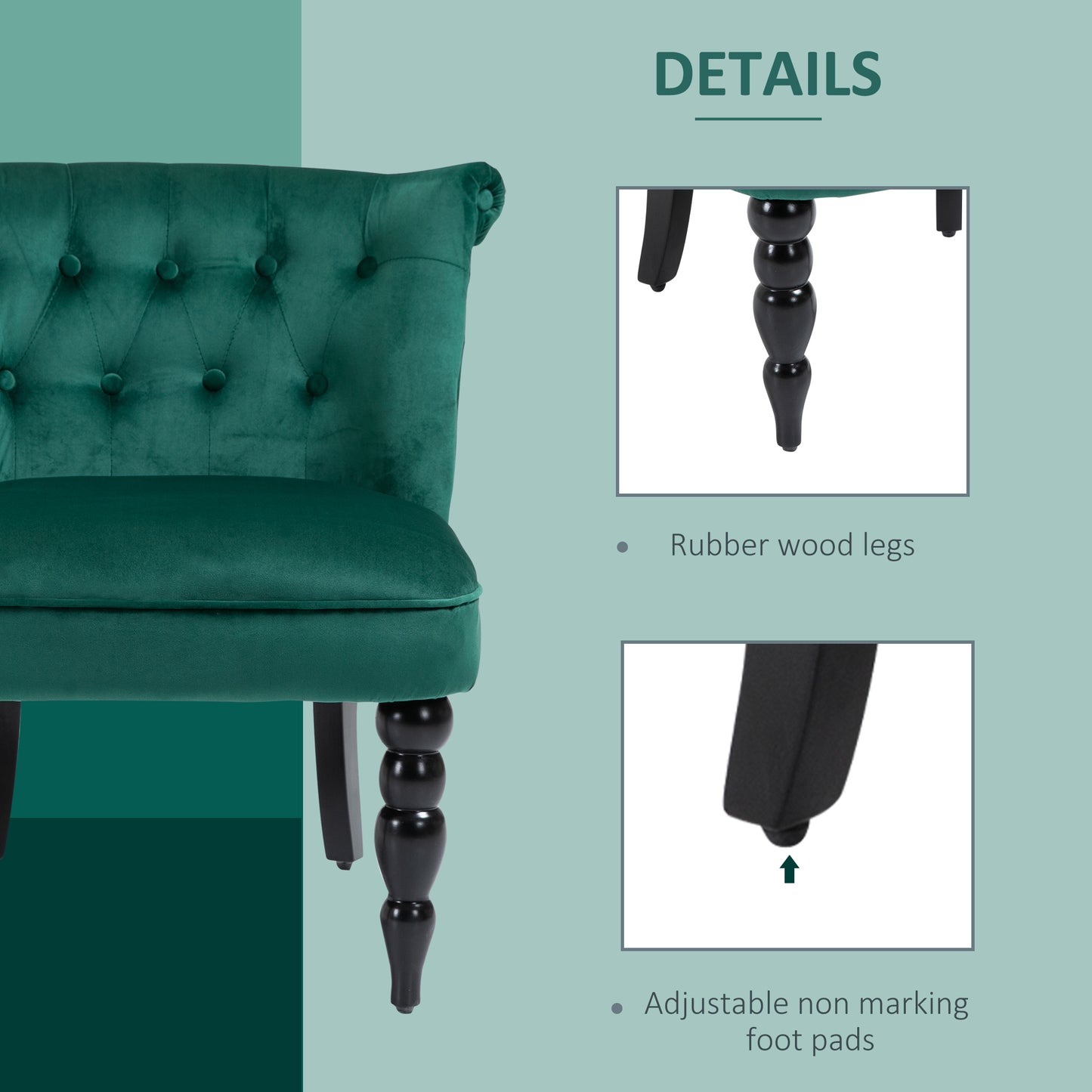HOMCOM Velvet Accent Chair Button Tufted Wingback Chair with Rubber Wood Legs for Living Room Bedroom Dark Green