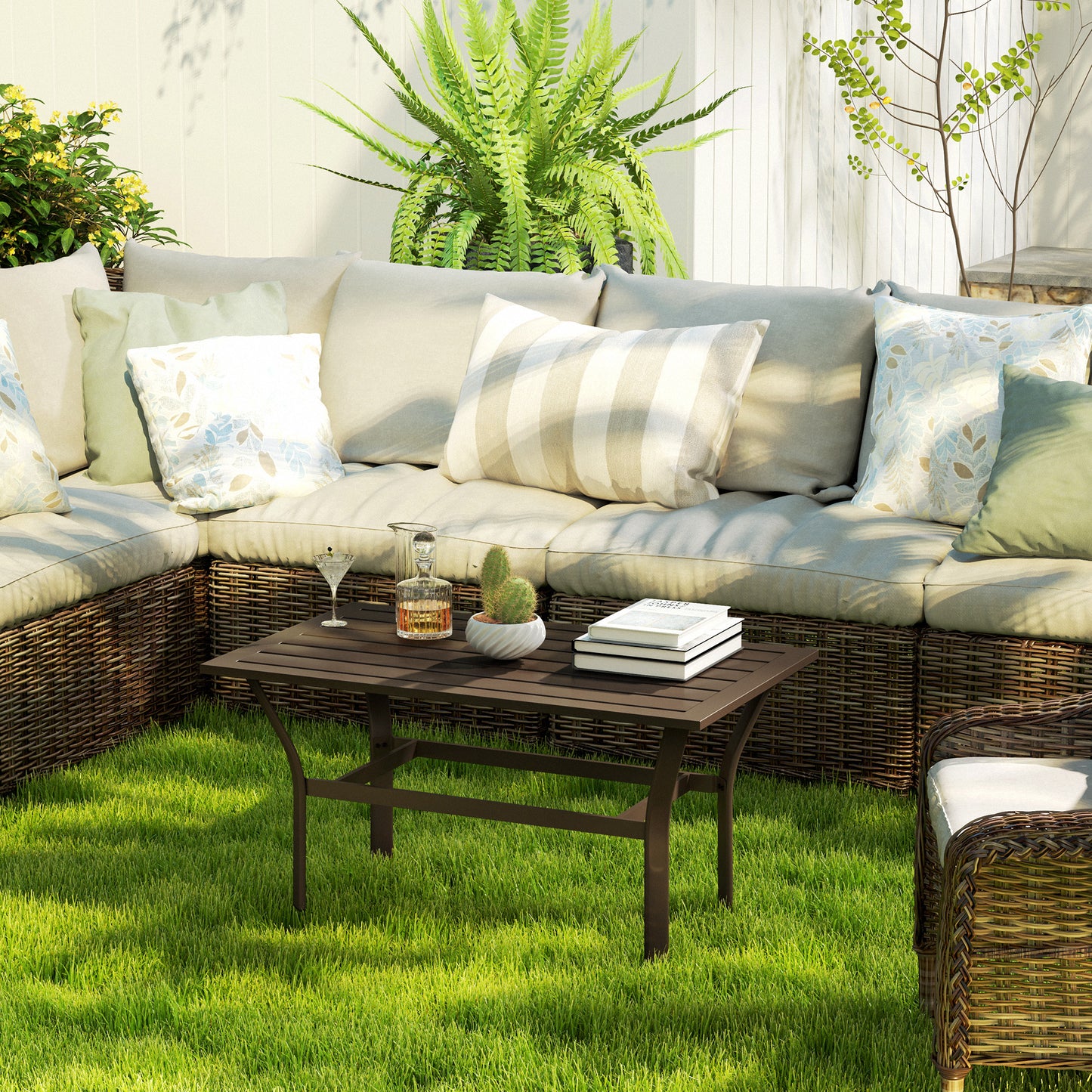 Outsunny Metal Garden Coffee Table, Rectangular Outdoor Side Table with Slatted Tabletop and Foot Pads for Garden or Porch, Brown
