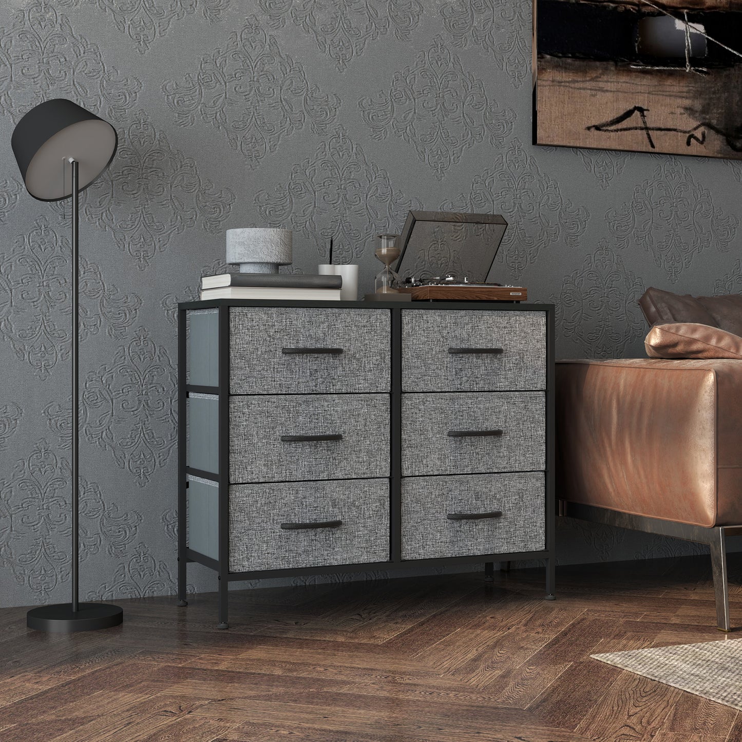 HOMCOM Industrial Dresser with 6 Fabric Drawers, Steel Frame & Wooden Top for Nursery, Living Room, Hallway, Black