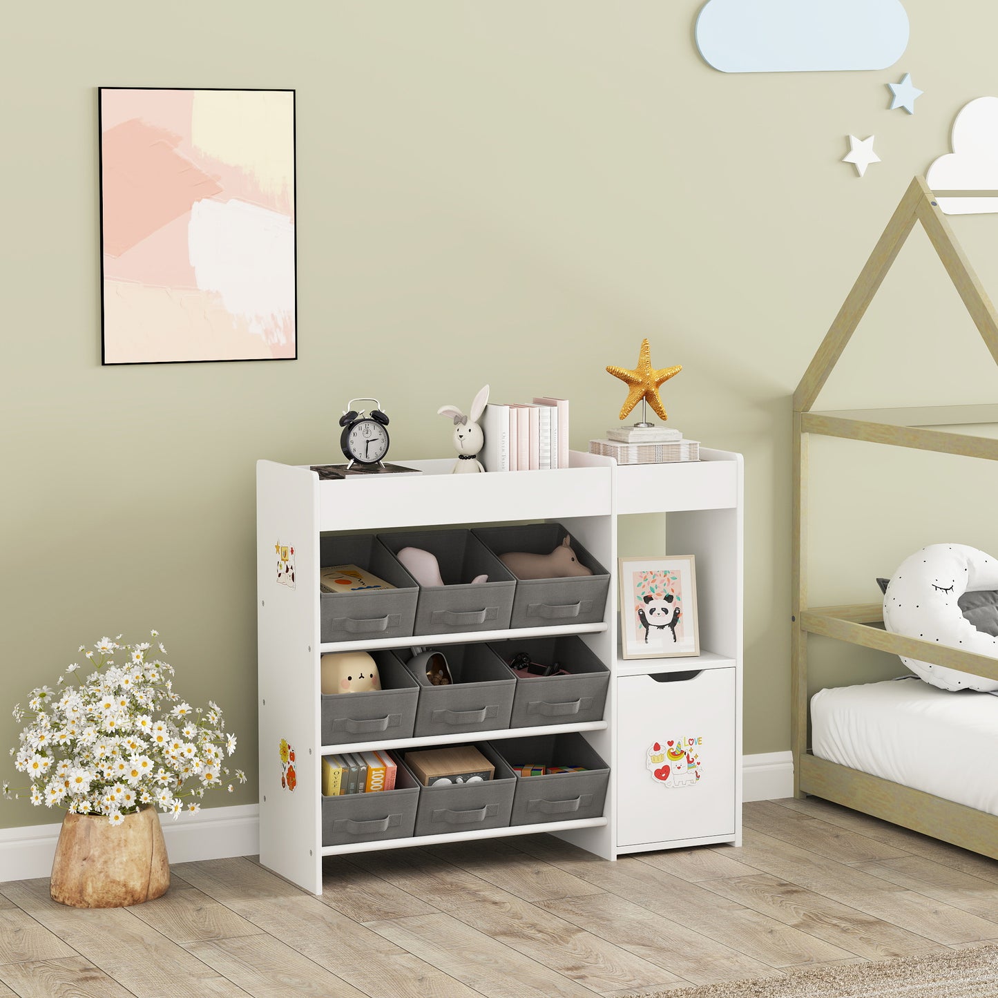 AIYAPLAY Kids Toy Storage, 9 Removable Fabric Bins, Wooden Toy Storage Units for Toys and Books for Bedroom, Nursery, White