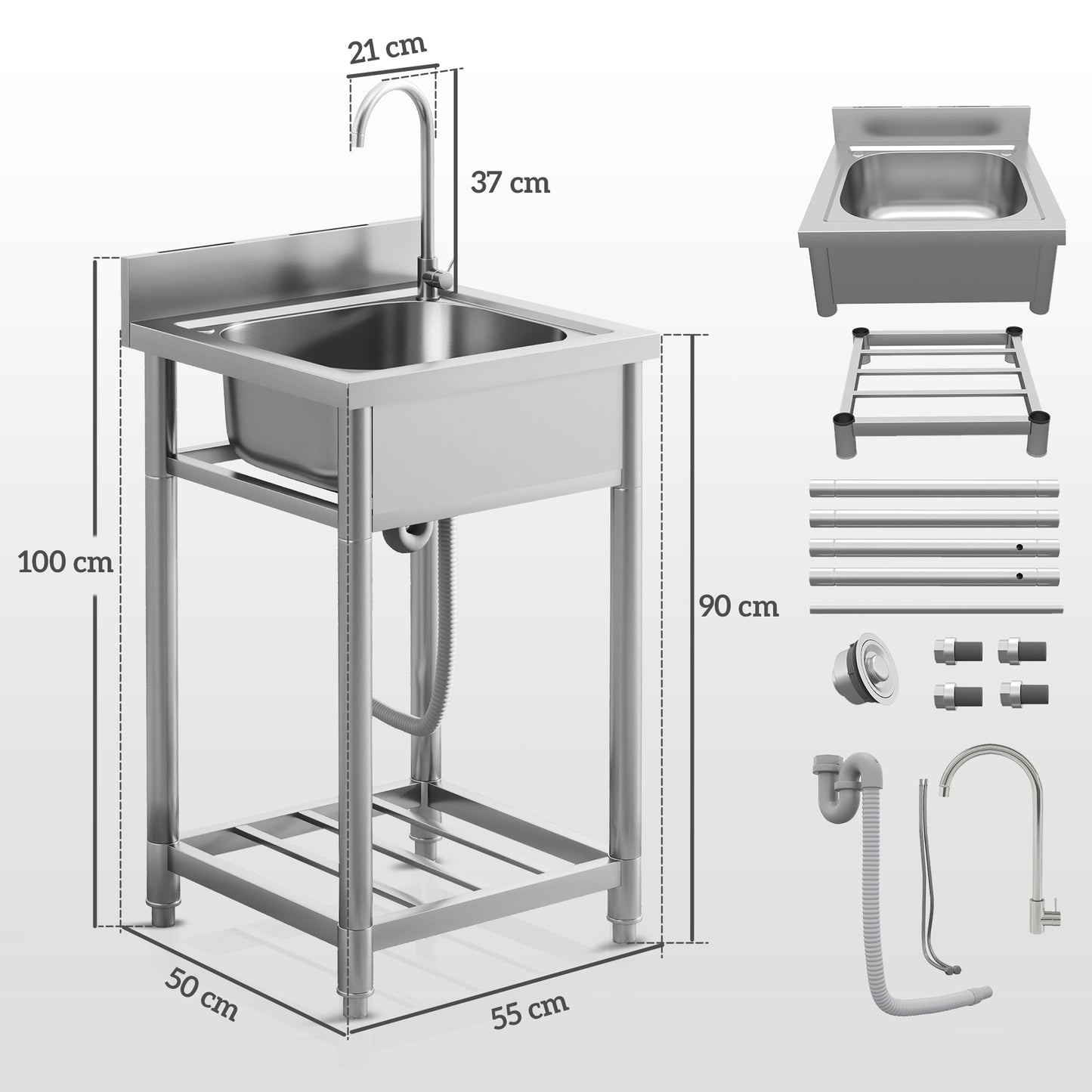 HOMCOM Outdoor Utility Sink, Stainless Steel Free Standing Single Bowl with Hot/Cold Water Pipe & Storage Shelf, 55 x 50 x 100 cm, for Laundry/Garage