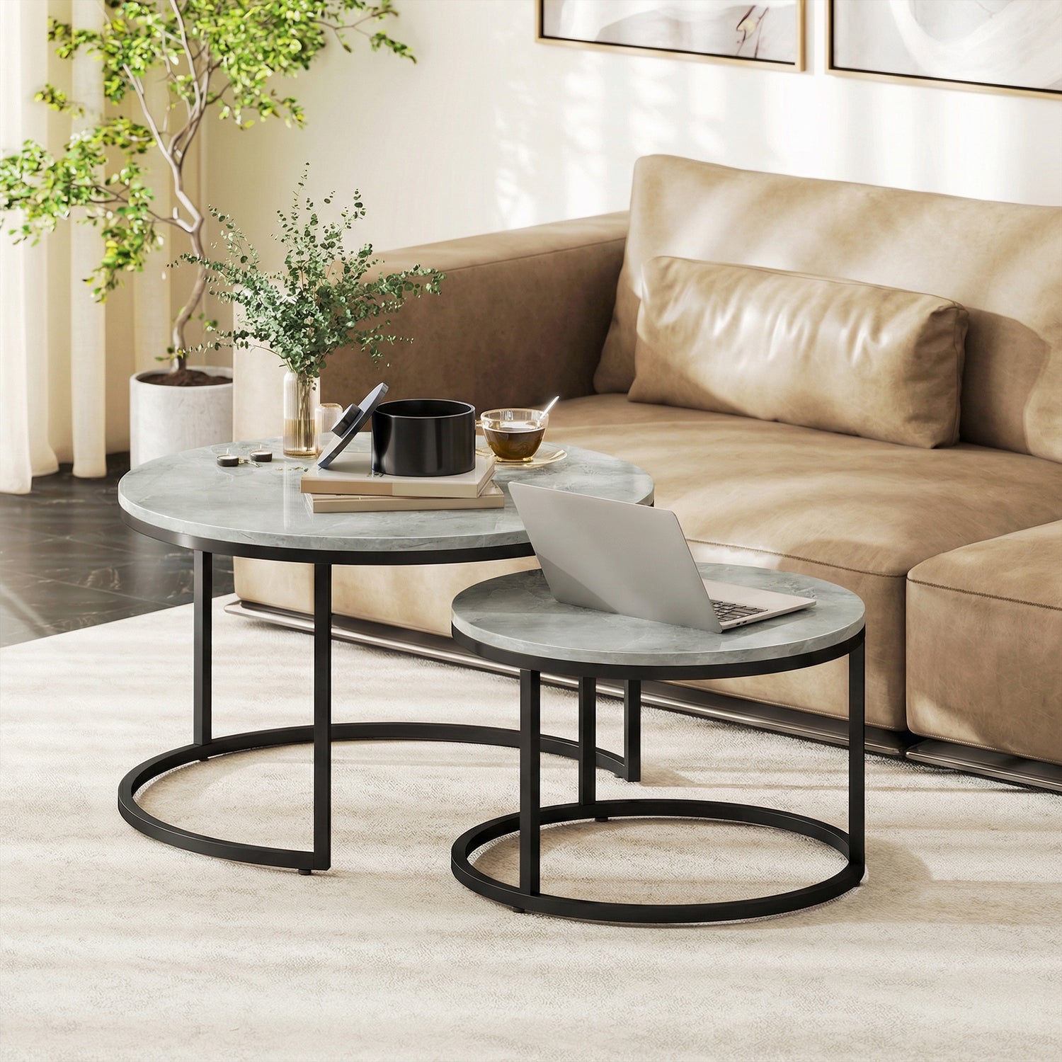 Stacking Stone Table HOMCOM Set of Two Marble-Effect Stacking Tables - Grey – mhstar.co.uk