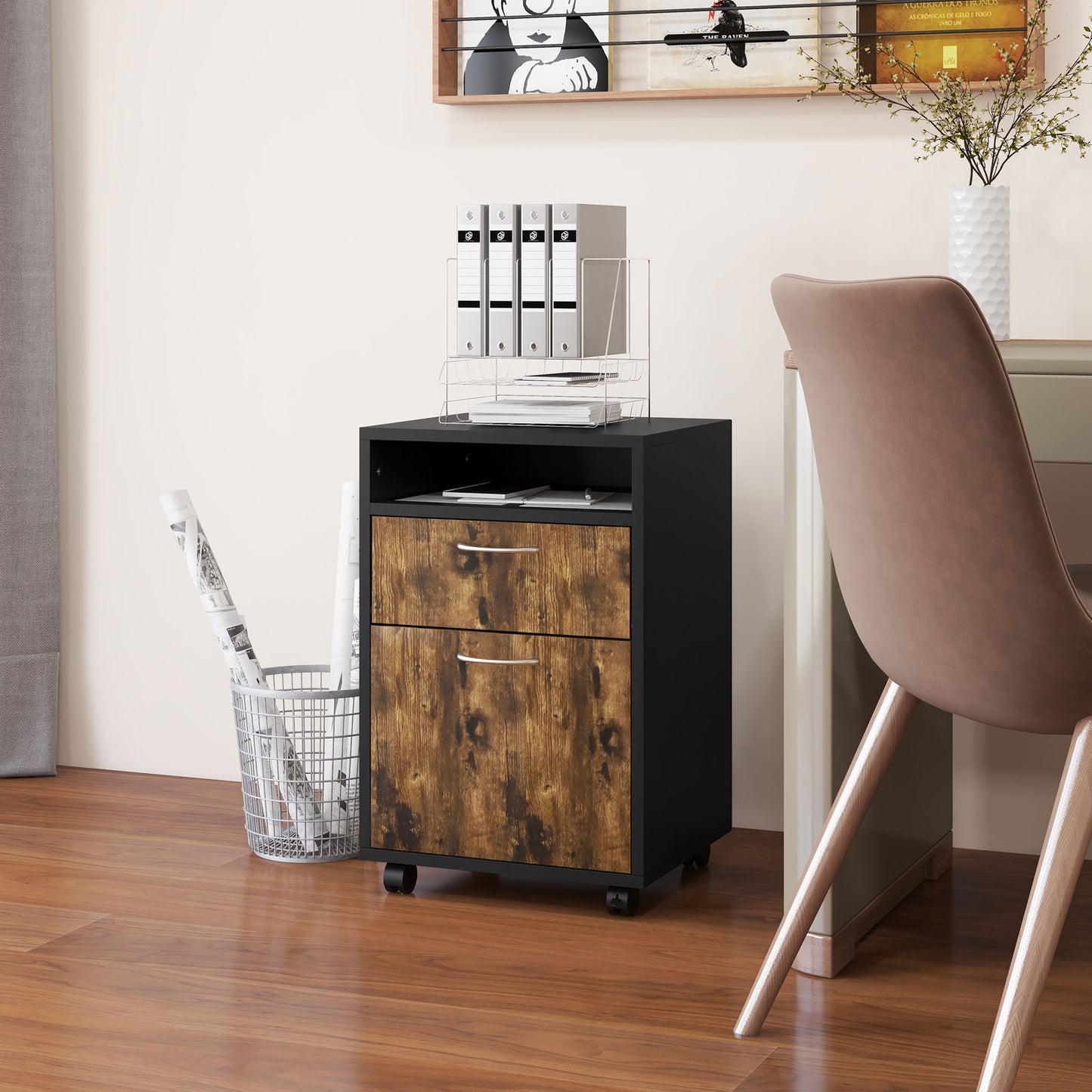 HOMCOM 60cm Storage Cabinet with Drawer, Open Shelf, Metal Handles and 4 Wheels, Office Home Organiser Mobile Printer, Rustic Brown