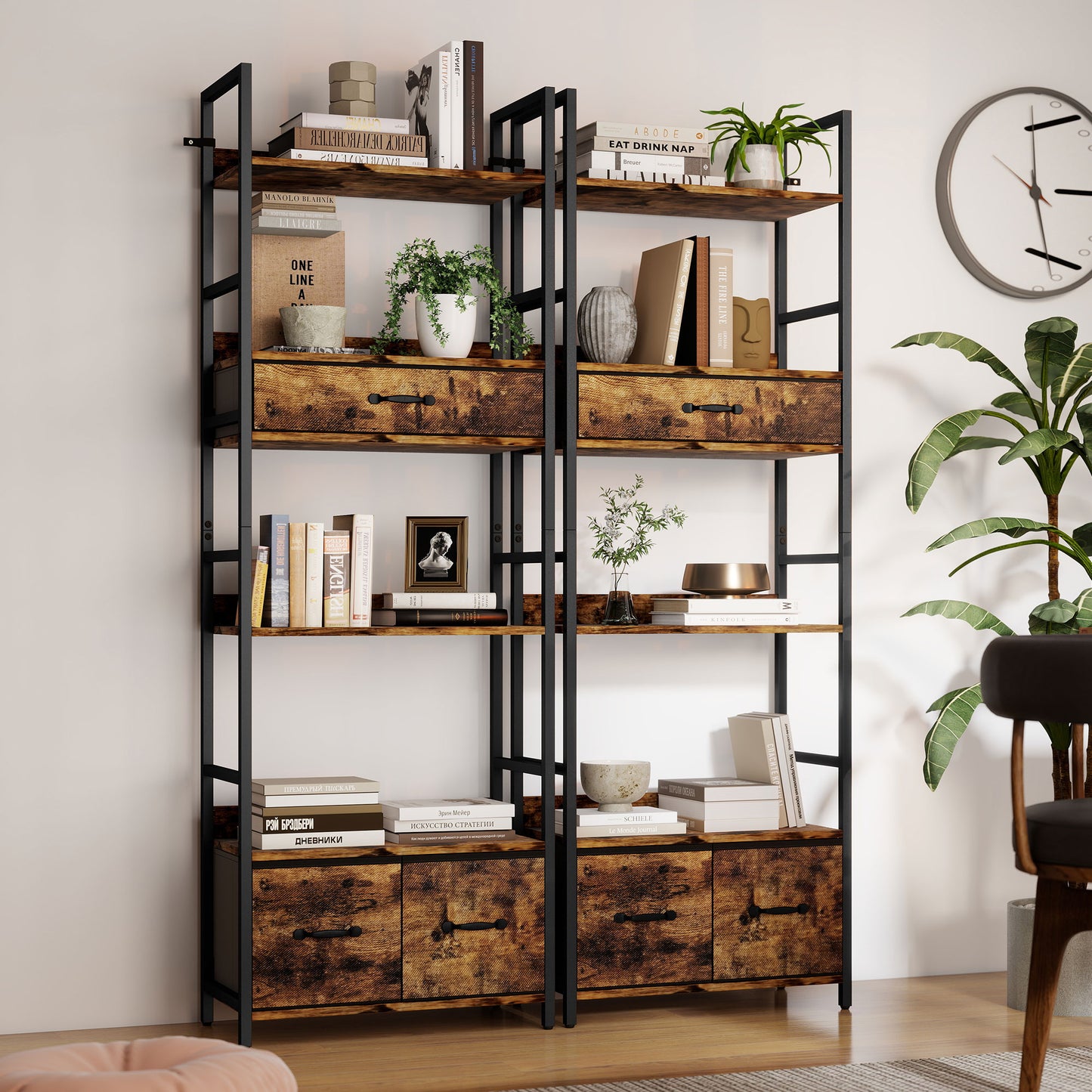 HOMCOM Industrial Bookcase, 6-Tier Tall Bookshelf with 3 Fabric Drawers - Rustic Brown