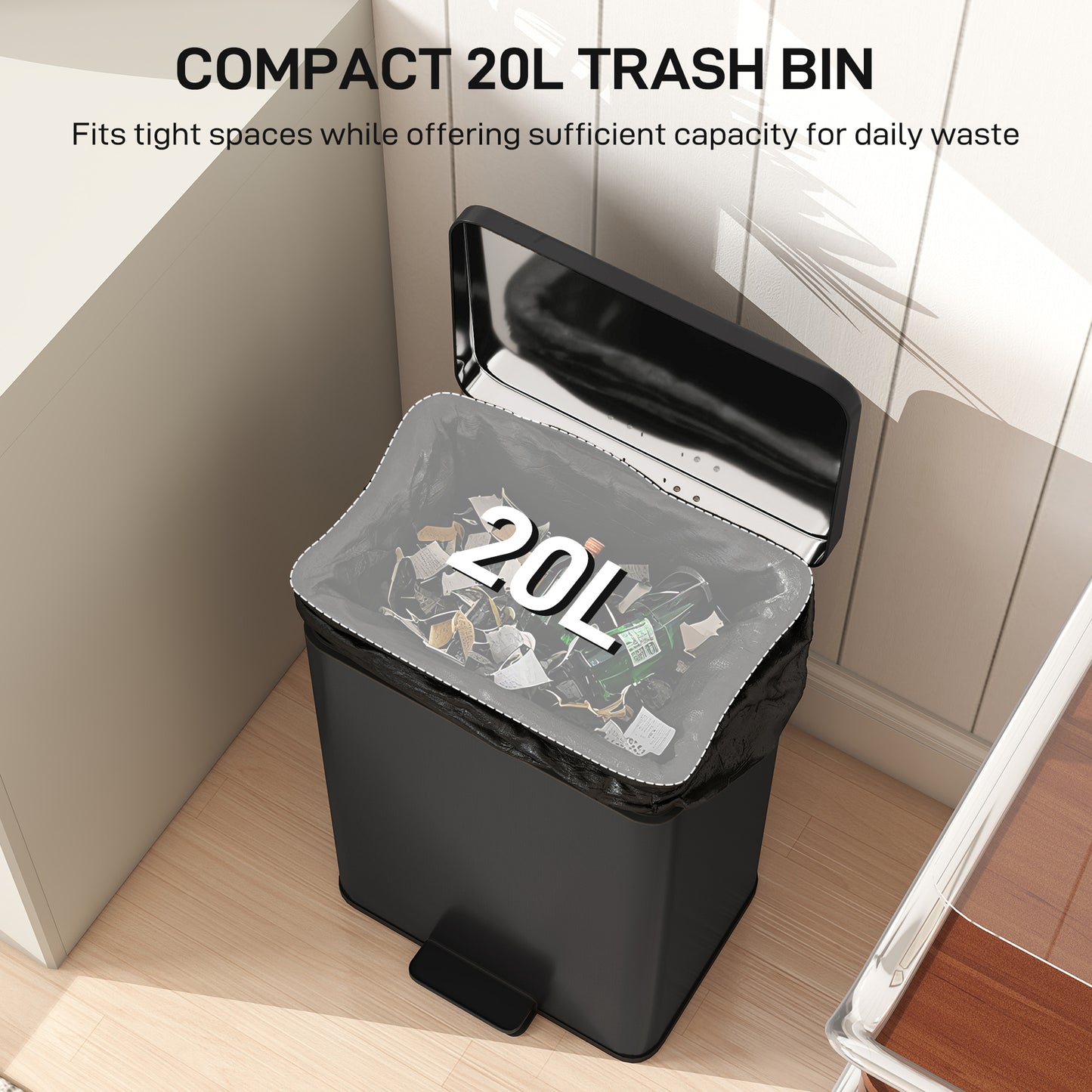 HOMCOM 20L Stainless Steel Pedal Bin with Soft-Close Lid & Stay-Open, Removable Inner Bucket for Kitchen, Office, Home, Matte Black