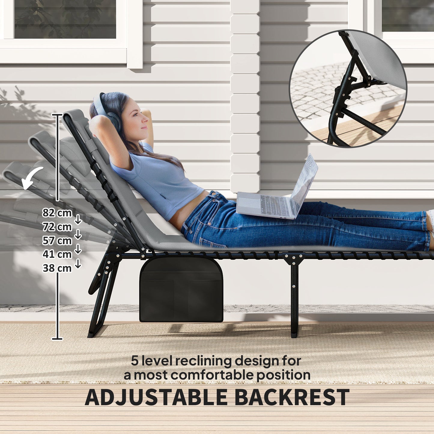 Outsunny Folding Sun Loungers Set of 2, Recliner Garden Chairs with Pad, Headrest & Pocket, Charcoal Grey